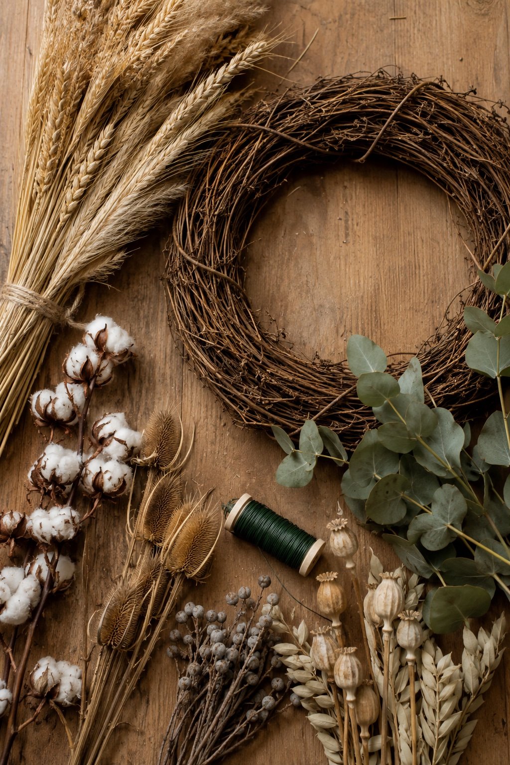 Wreath-making materials laid out: grapevine base, dried wheat, cotton stems, pods, floral wire