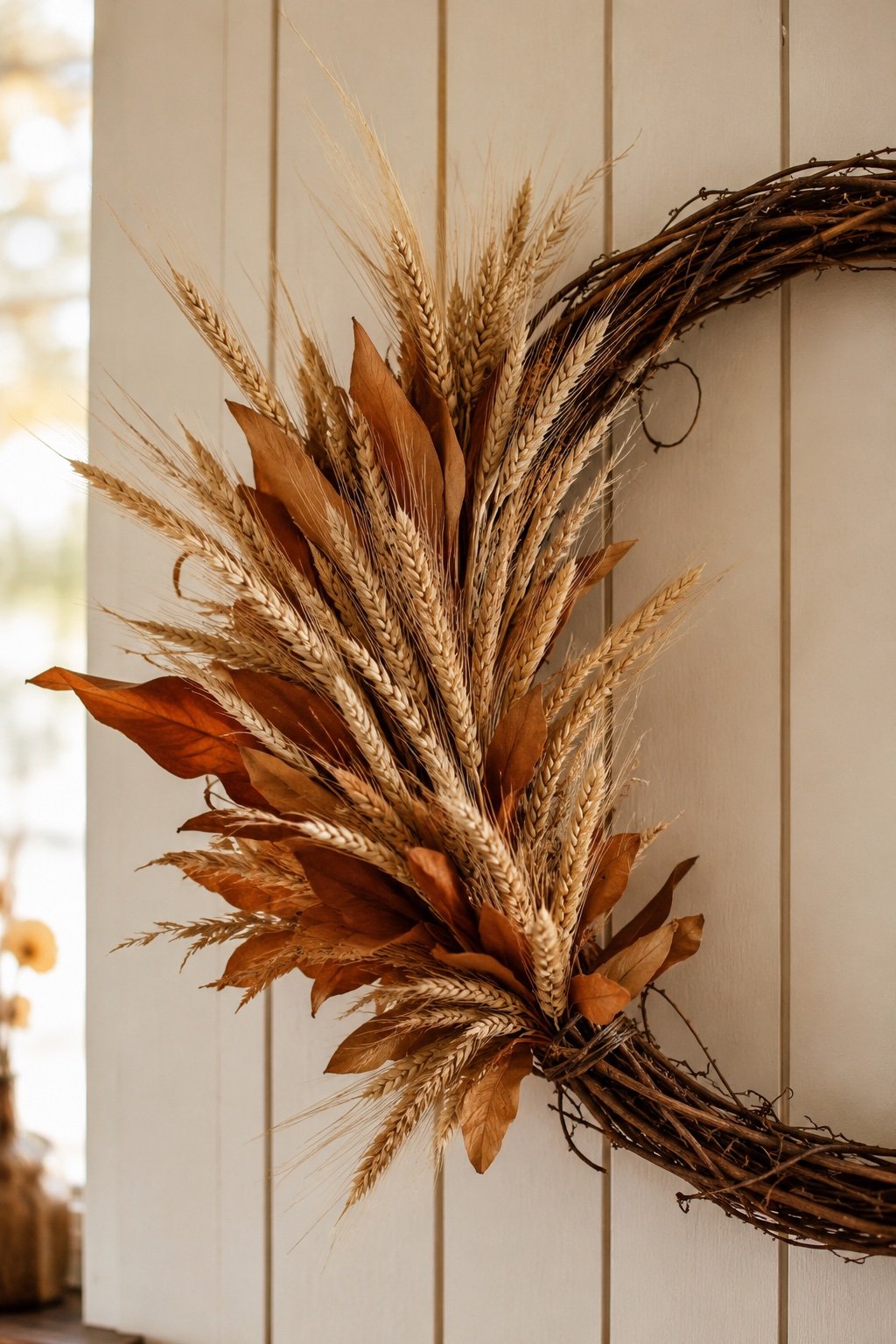 Close view of a wreath being built in asymmetrical clusters of dried material on a grapevine base