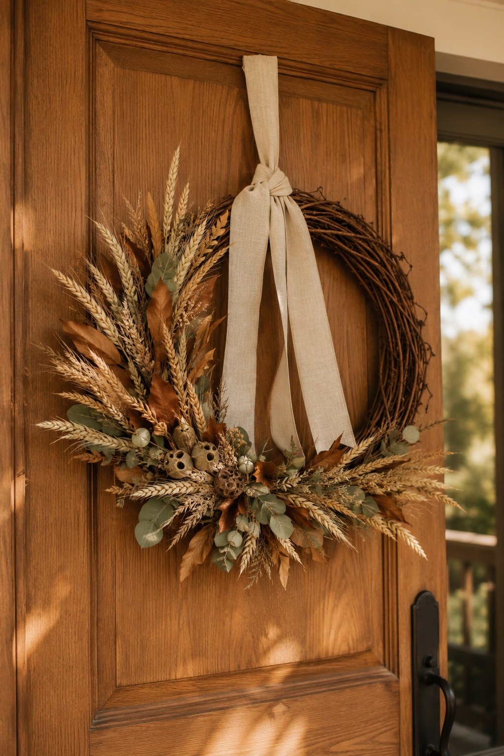 A neutral wreath hung on a door with a wide natural linen ribbon looped over the top