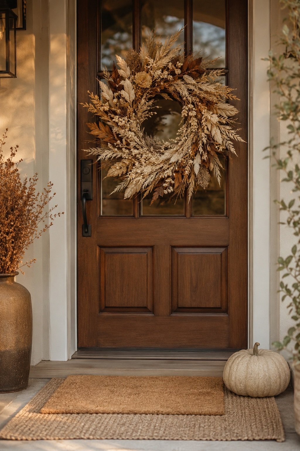 A full front door view with the neutral wreath, a layered doormat and one pale pumpkin below