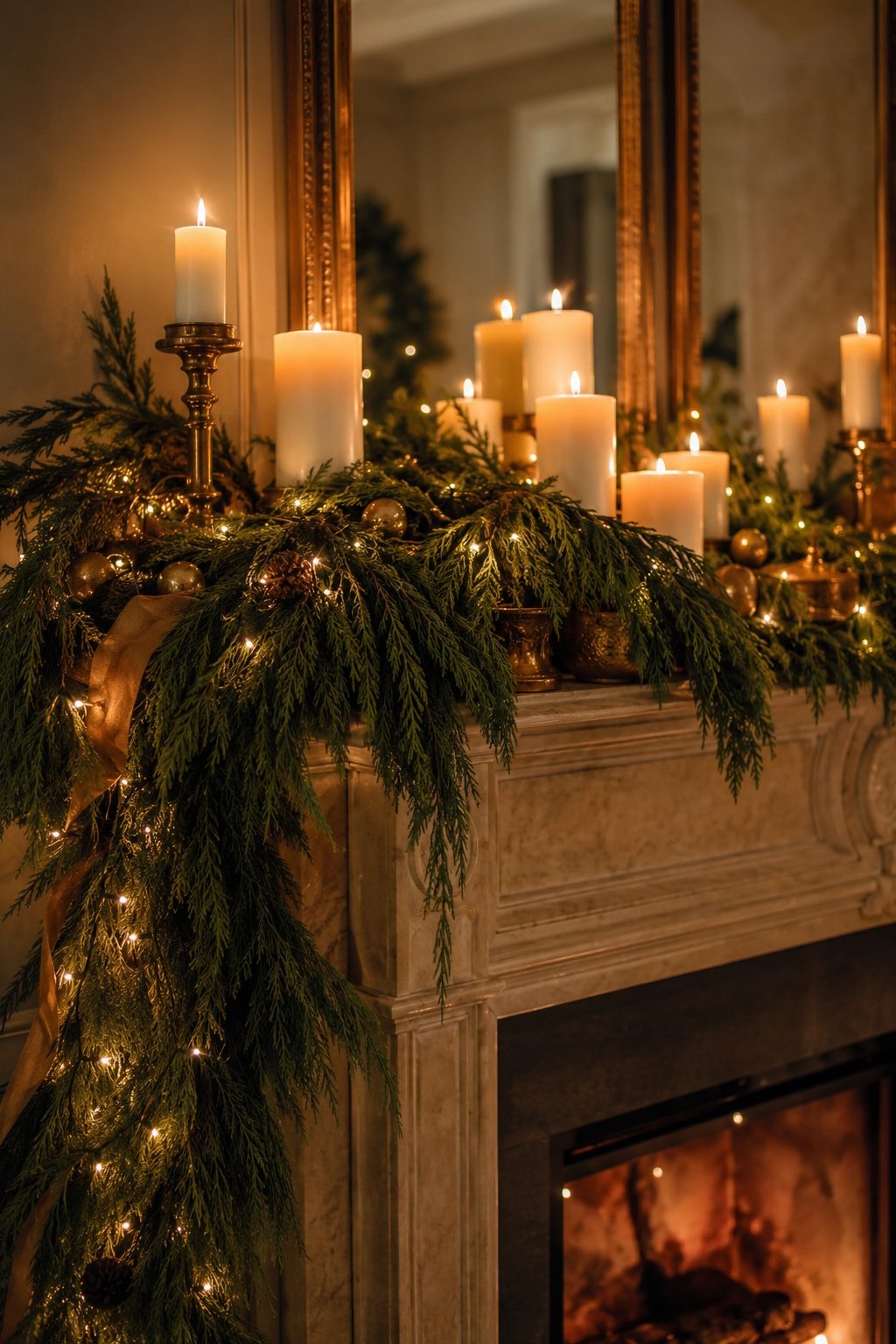 A warm-neutral Christmas mantel with lush greenery, candles, a mirror anchor and warm fairy lights