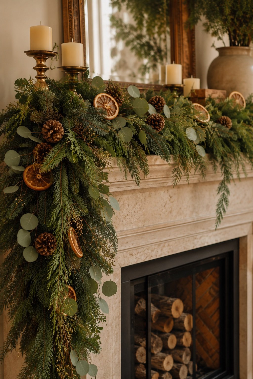 A lush layered Christmas garland on a mantel, cedar and eucalyptus with pinecones and dried oranges