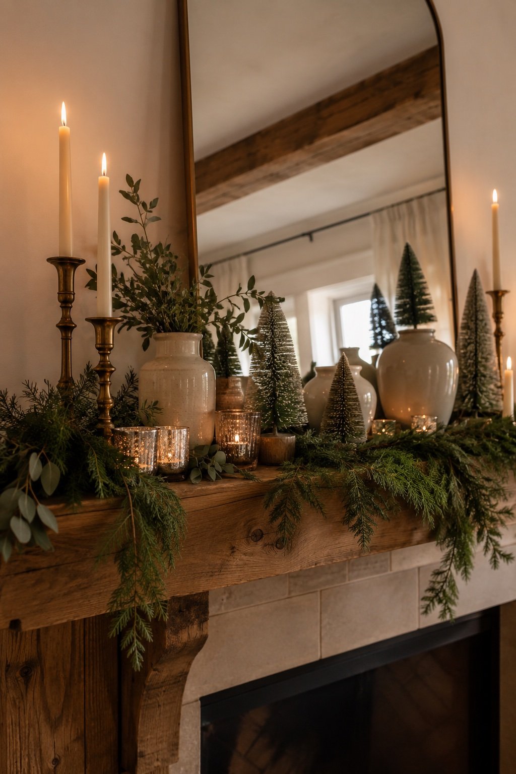 A mantel styled in three descending heights, tall candlesticks, medium vessels, low greenery