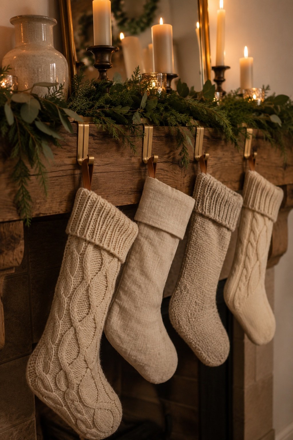 Cream cable-knit stockings hung from brass holders on a greenery-draped mantel