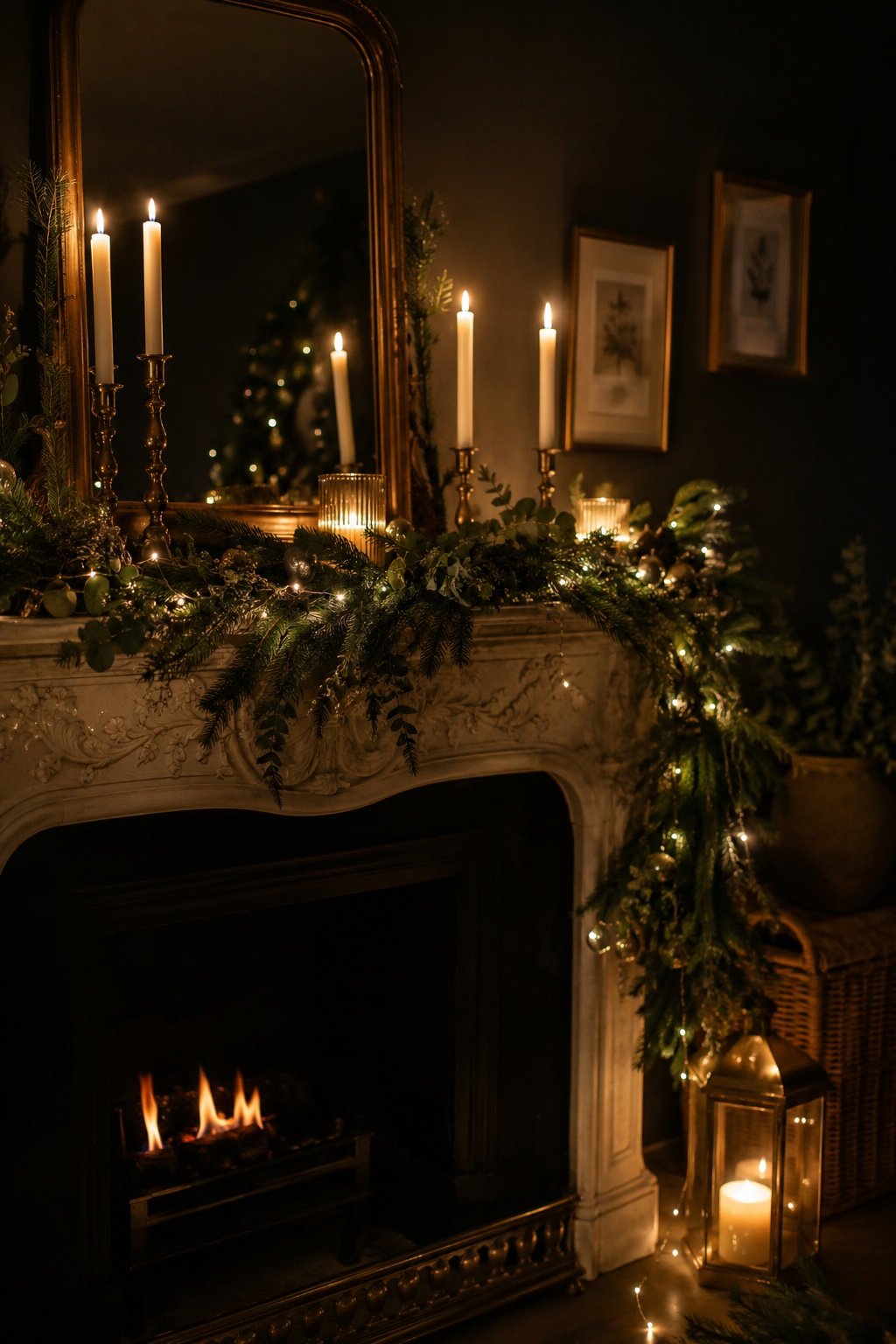 A warm-neutral Christmas mantel glowing at night, fairy lights and candles lit, overhead off