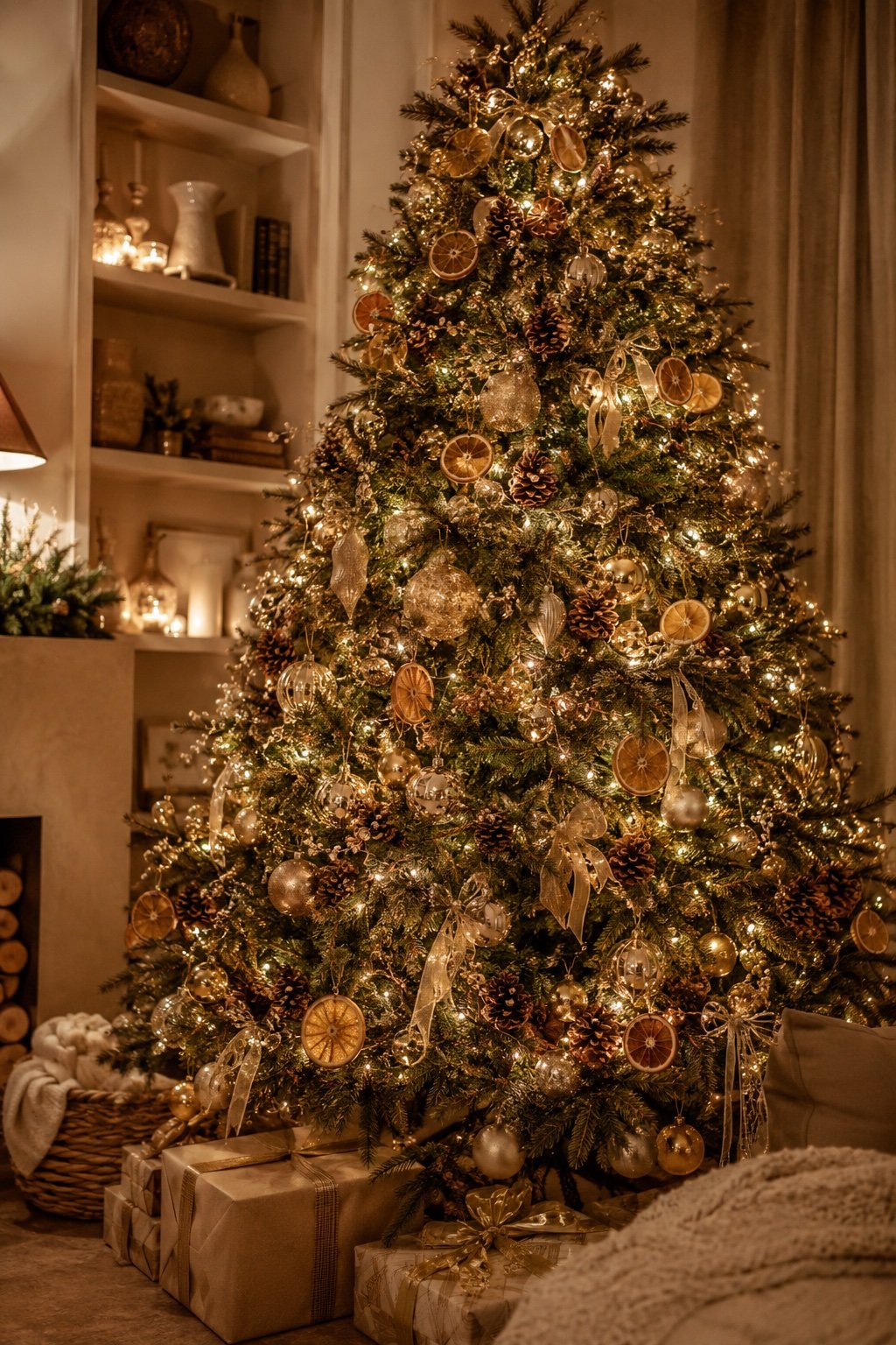 A warm-neutral Christmas tree densely lit with warm white lights, cream and gold ornaments