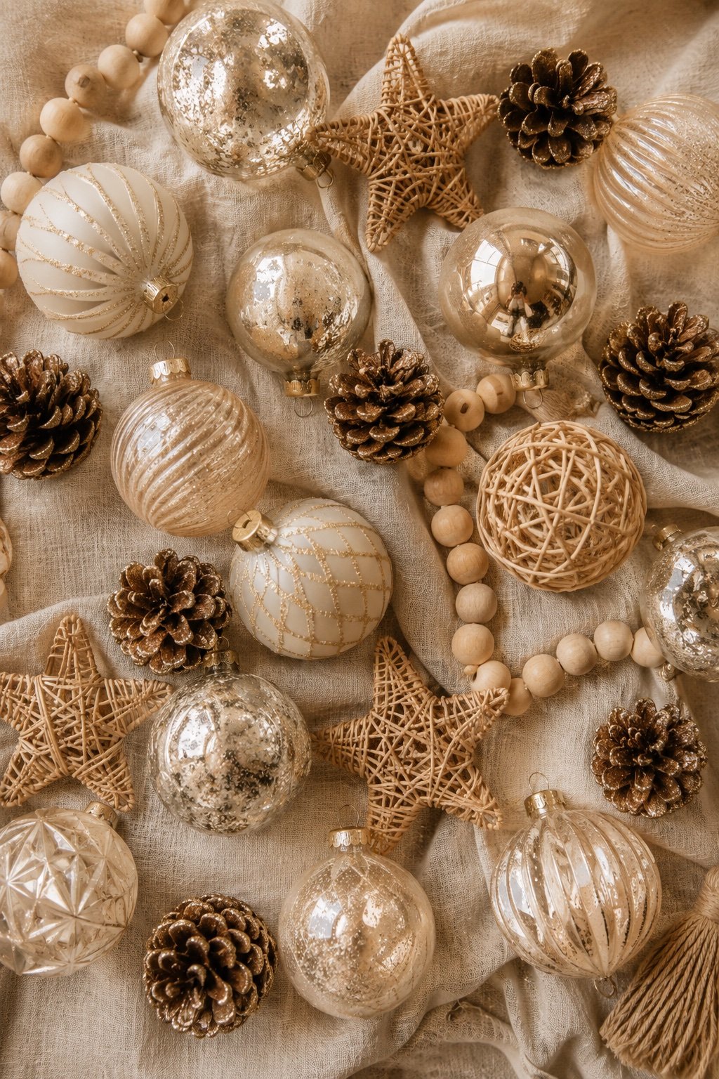 A flat lay of warm-neutral ornaments: cream and champagne balls, wood beads, rattan stars, mercury glass