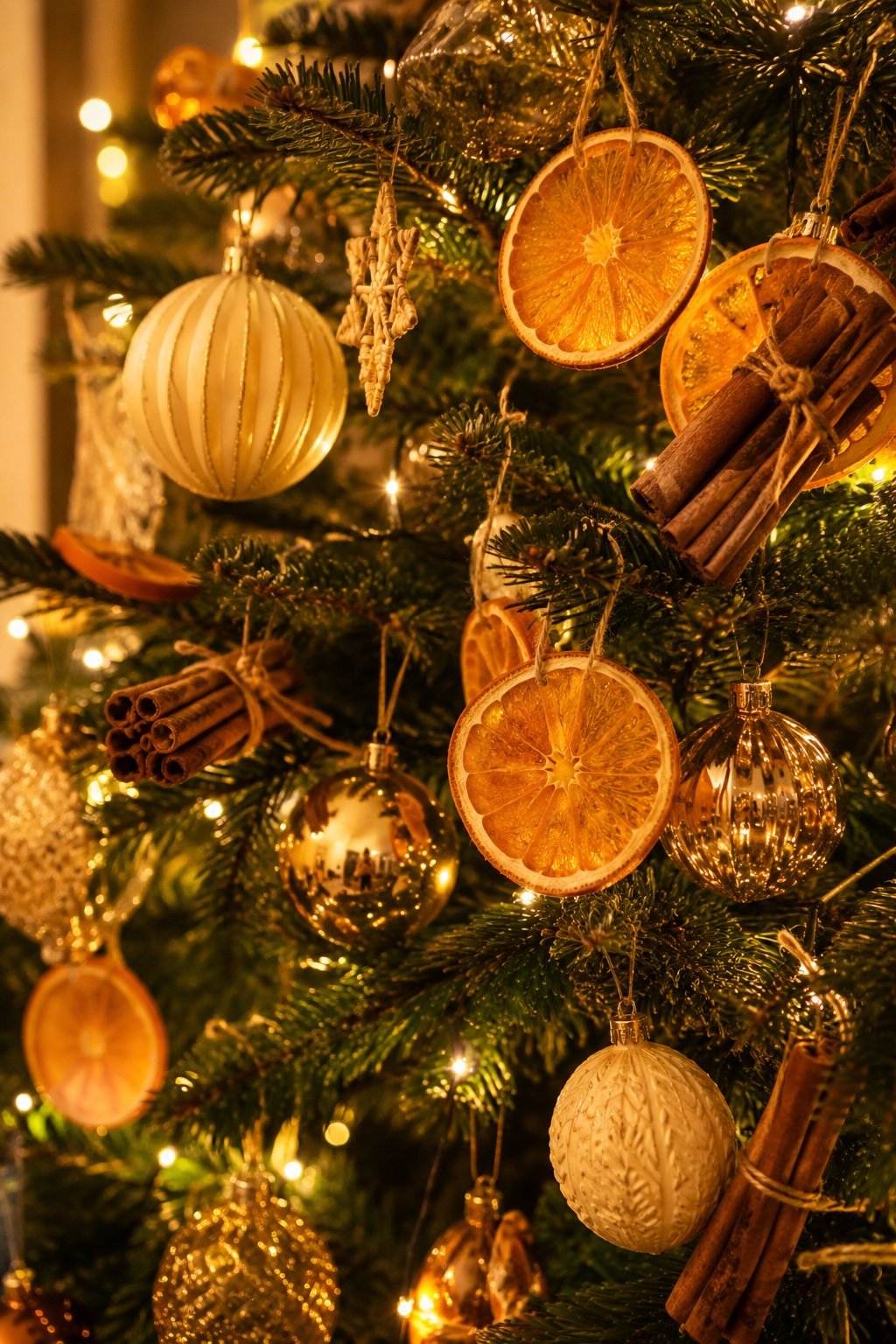 Close detail of tree branches with dried orange slices, cinnamon bundles and cream ornaments layered