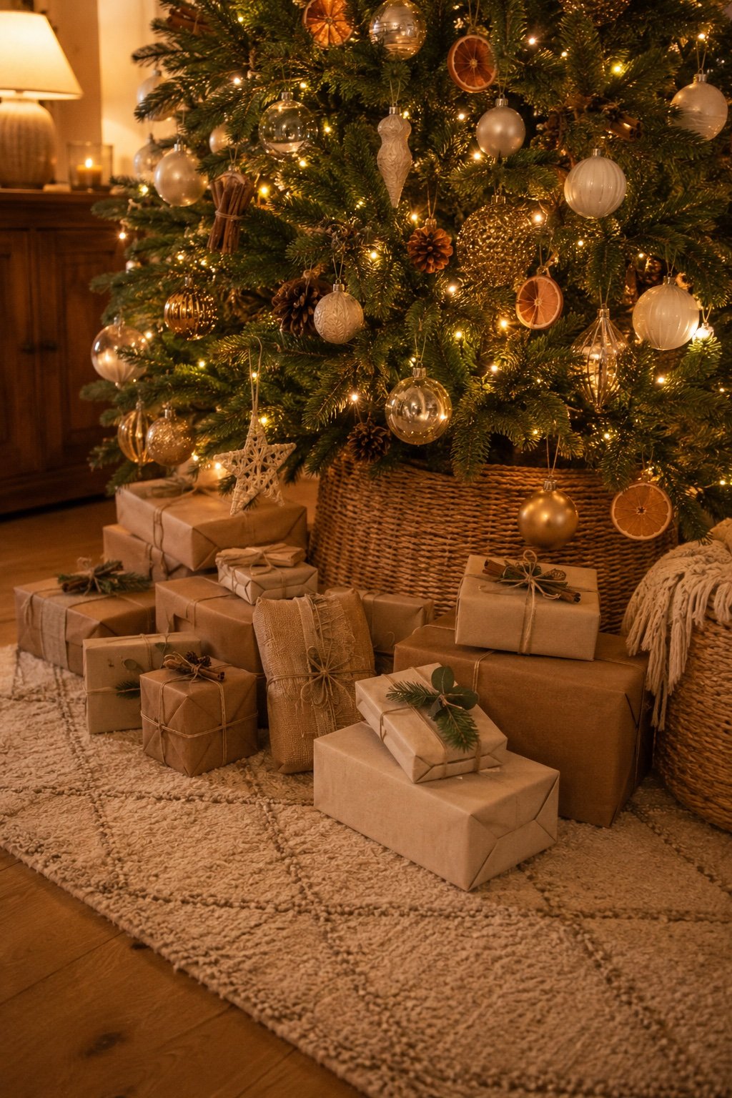 The base of a neutral Christmas tree wrapped in a basket with kraft-wrapped gifts underneath