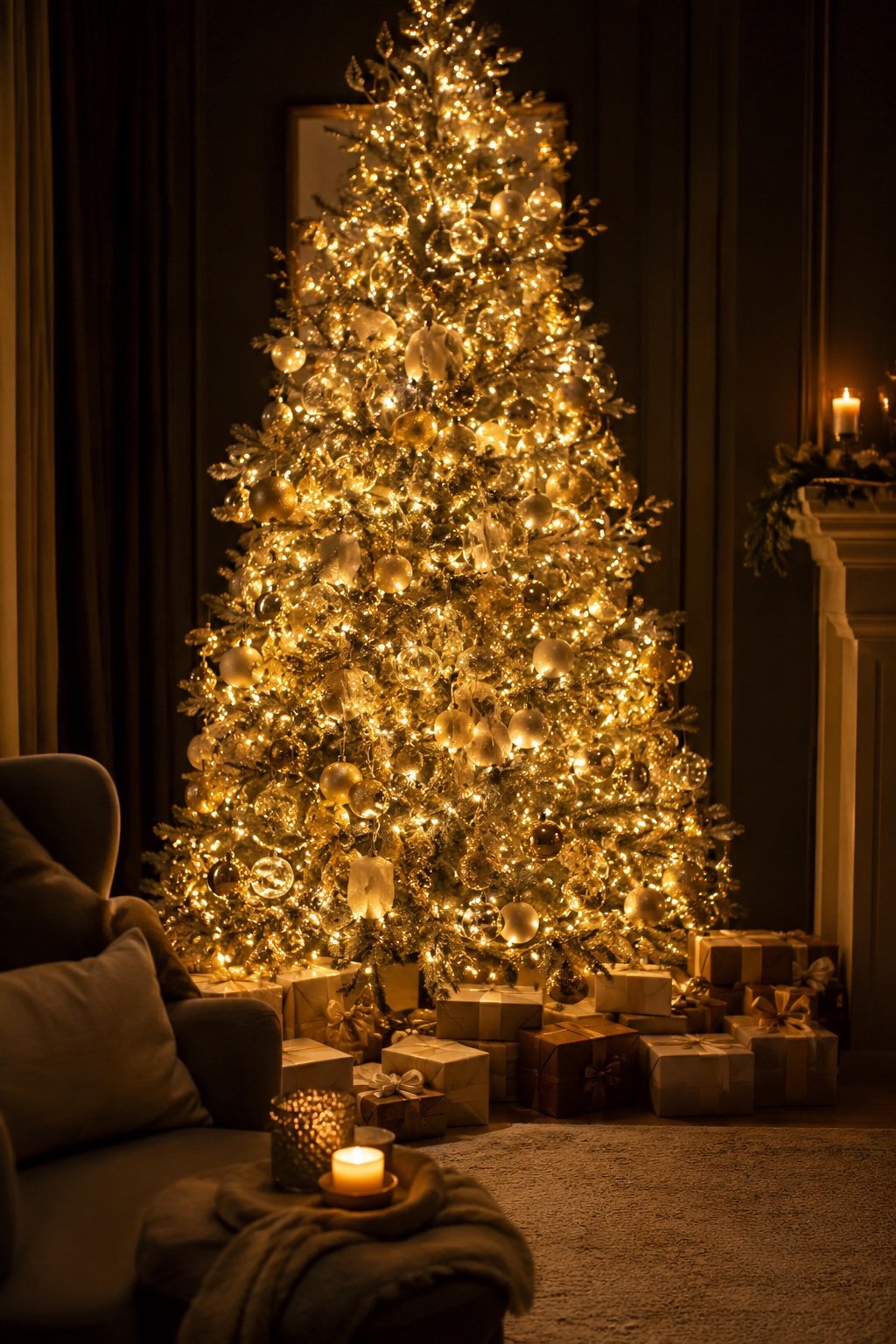 A warm-neutral Christmas tree glowing in a dark room, the whole tree reading as one warm golden mass