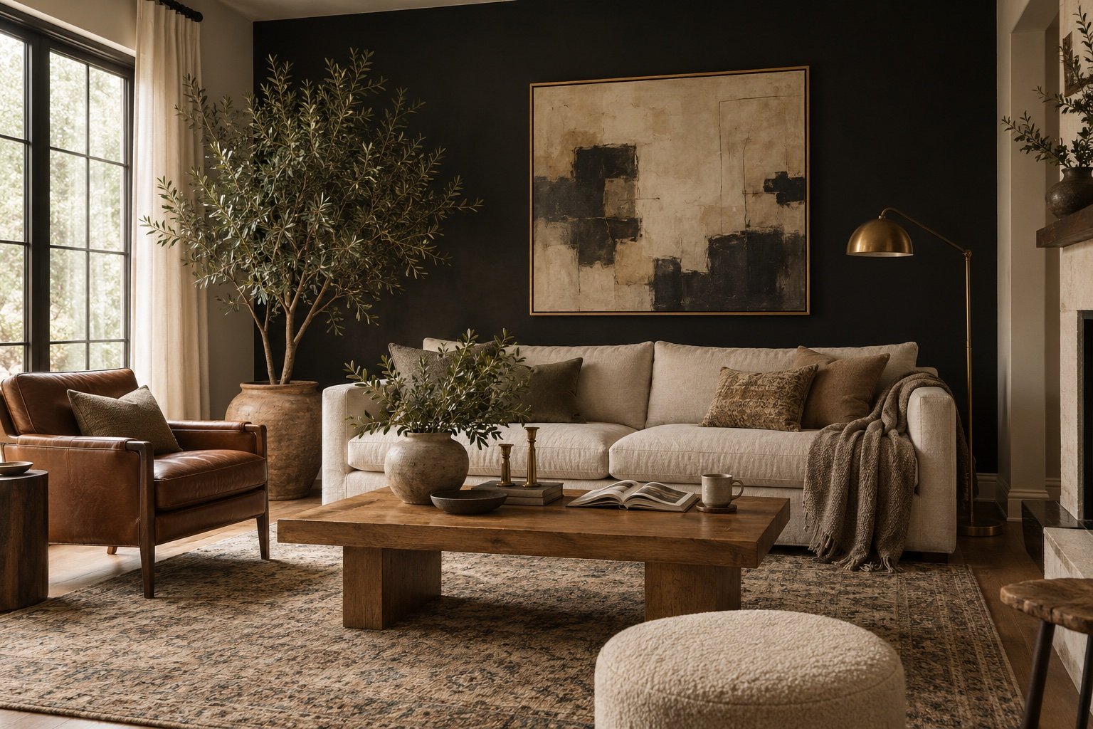 Living room with a warm matte black accent wall behind a cream linen sofa, oak coffee table and cognac leather chair