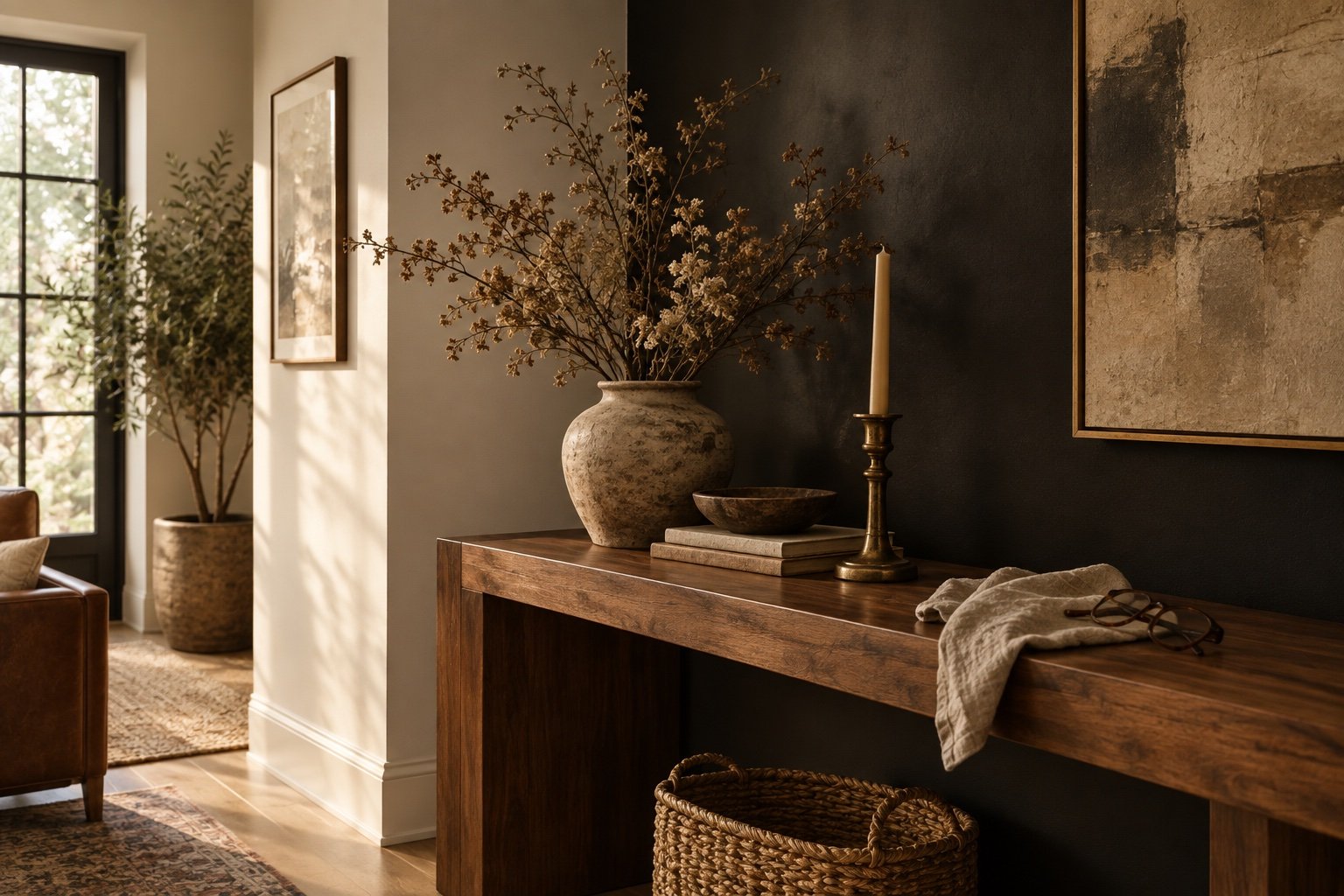 Warm matte black wall meeting a warm white wall above a walnut console with dried branches and a brass candlestick