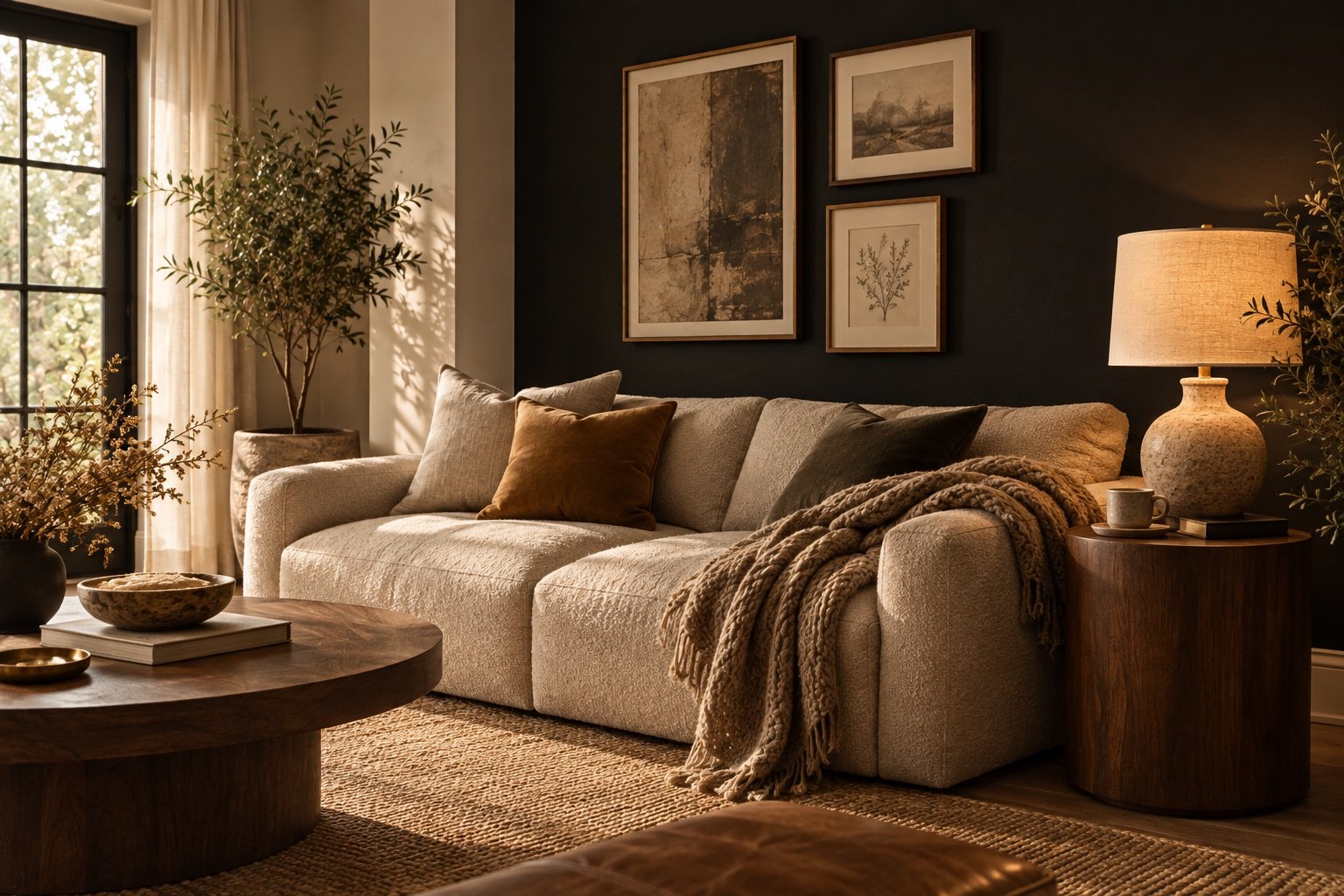 Living room corner with a matte black accent wall behind an oatmeal boucle sofa and three framed prints