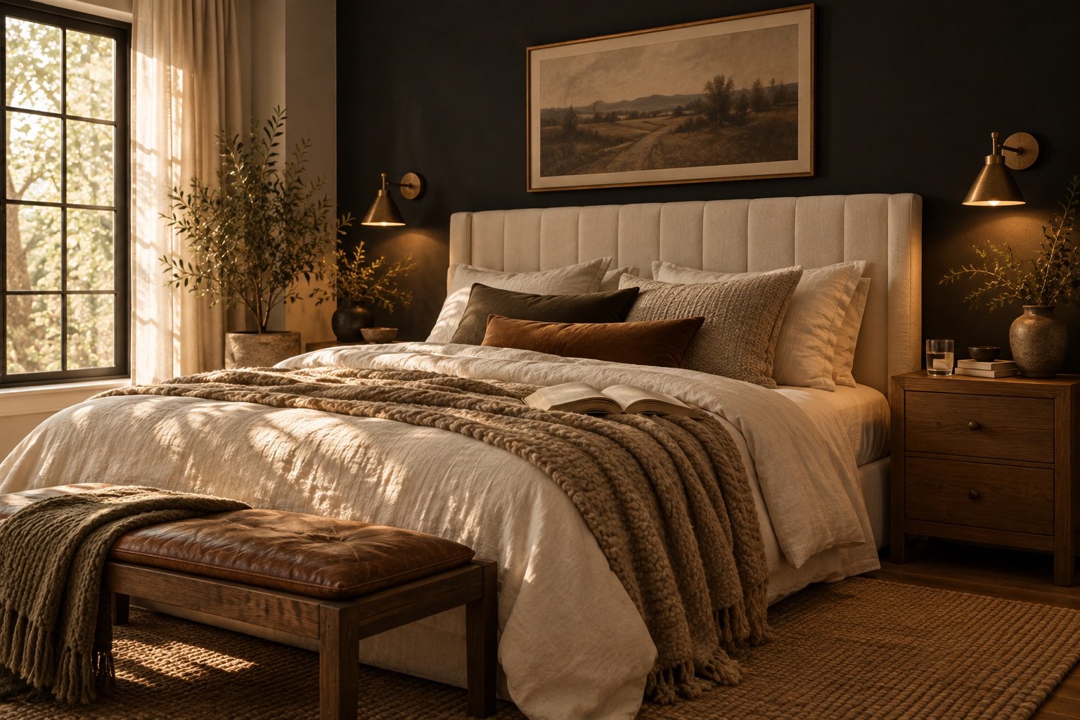 Bedroom with a matte black accent wall behind a cream upholstered headboard and a glowing brass sconce