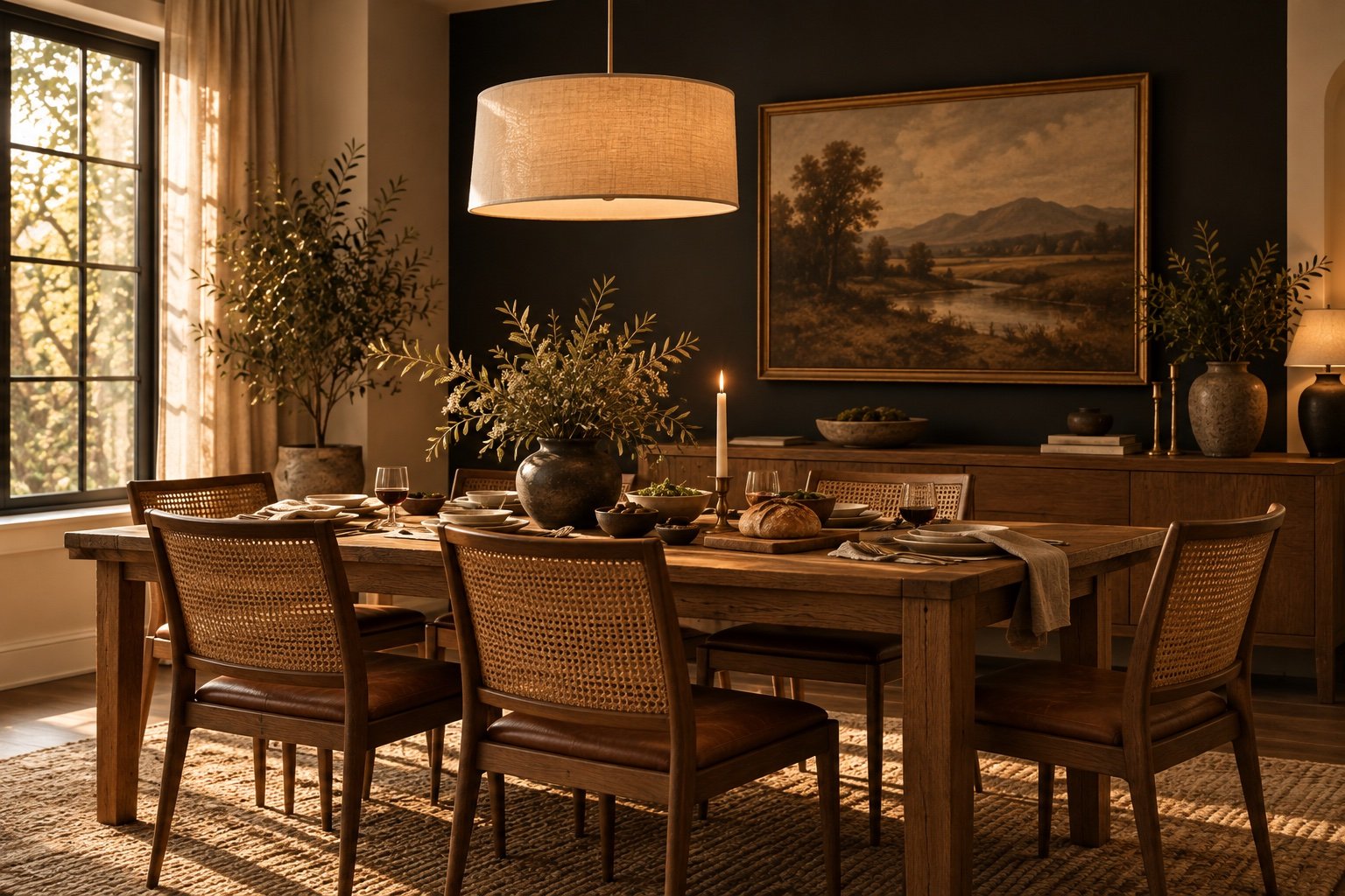 Dining room with a matte black accent wall, an oak table, cane-back chairs and a gold-framed landscape painting