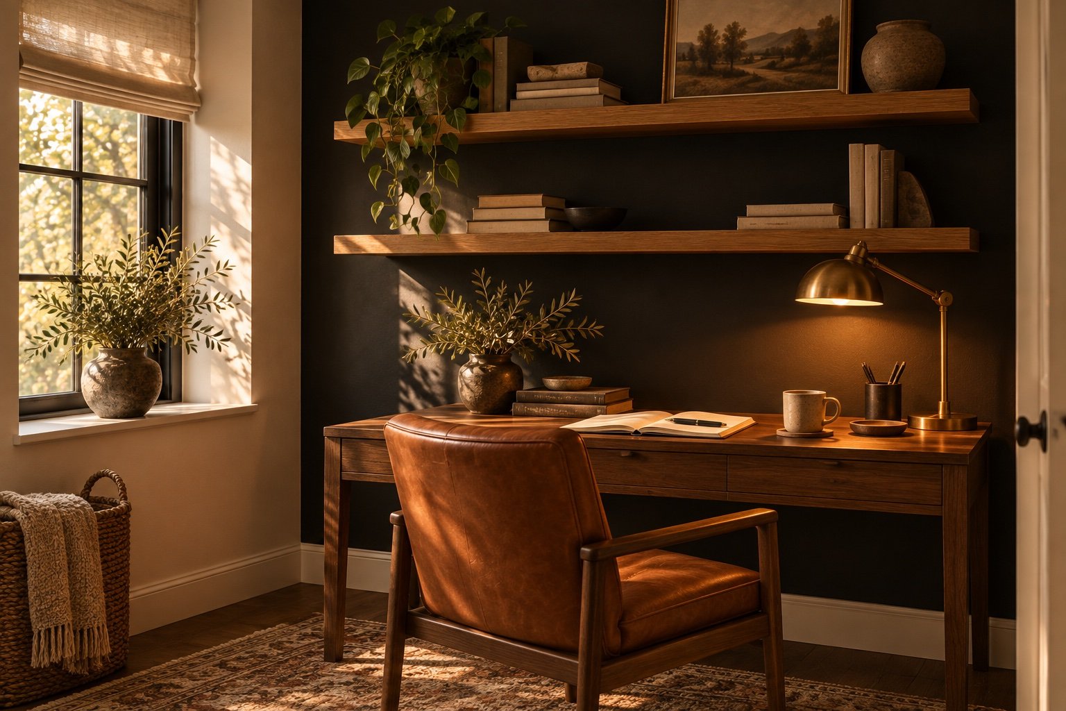 Small home office nook with a matte black accent wall, a walnut desk, a leather chair and a brass task lamp