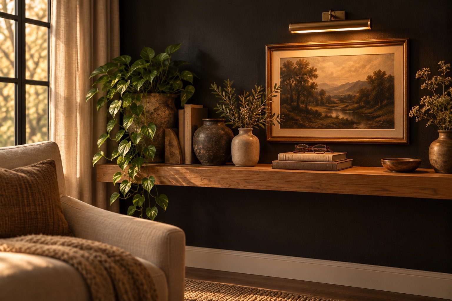 Matte black wall with an oak floating shelf, ceramic vases, a brass picture light and a trailing plant