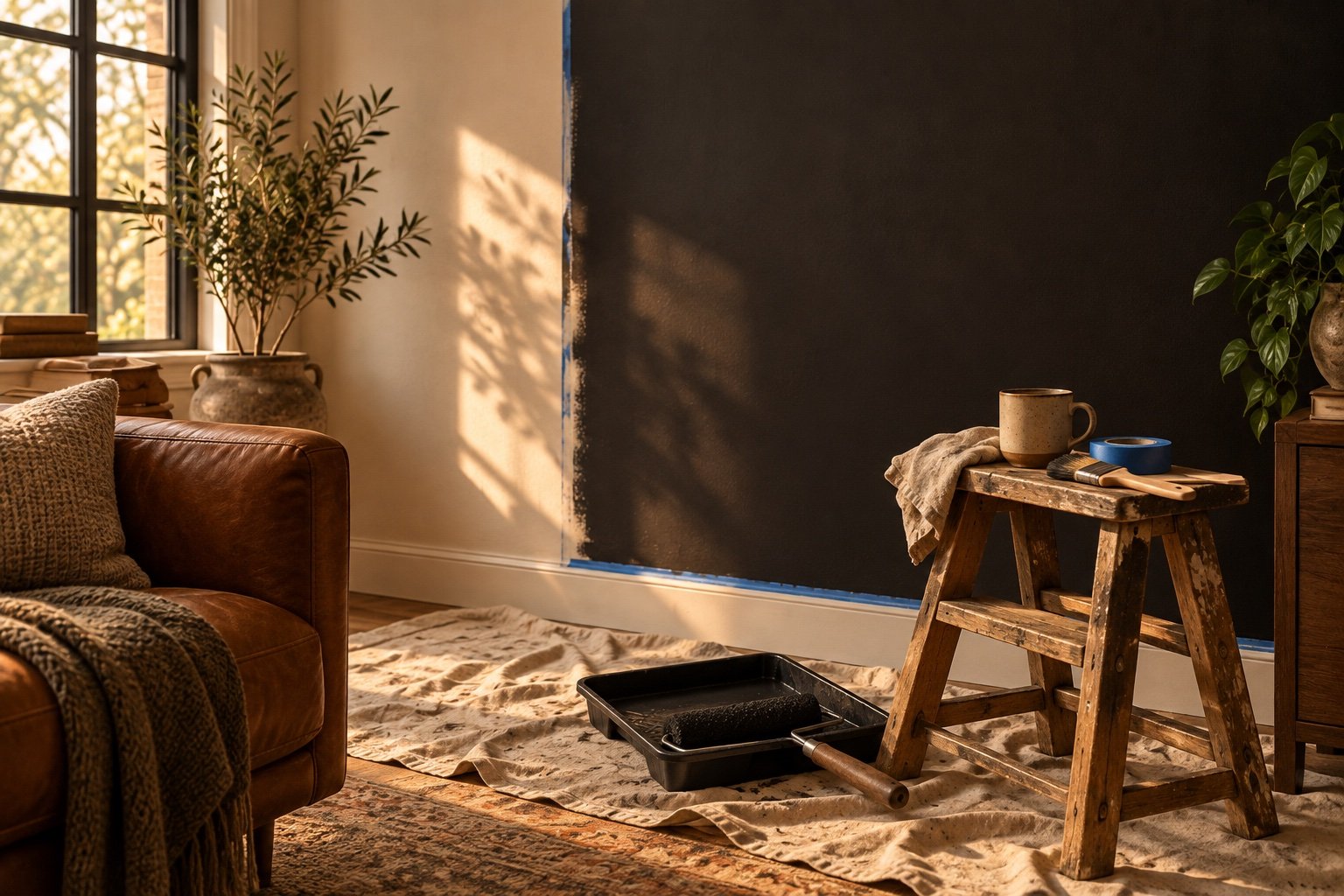 Freshly painted matte black wall with painter's tape at the edges, a paint tray on a drop cloth and a wooden step stool