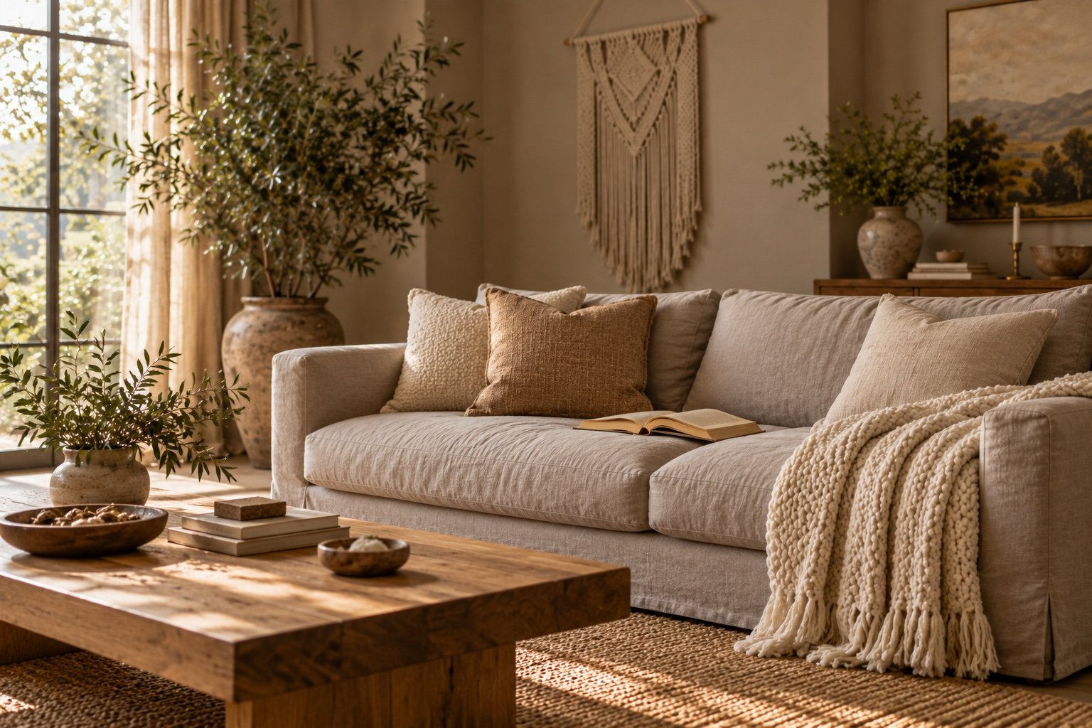 Soft greige linen sofa against a chalky warm gray wall with neutral boucle cushions