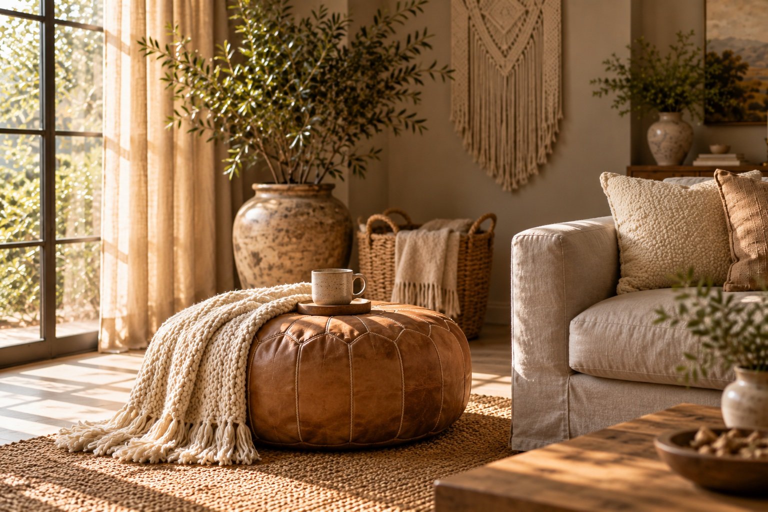 Gray boho living room corner layered with warm neutrals, a camel pouf, cream knit throw and oatmeal jute rug