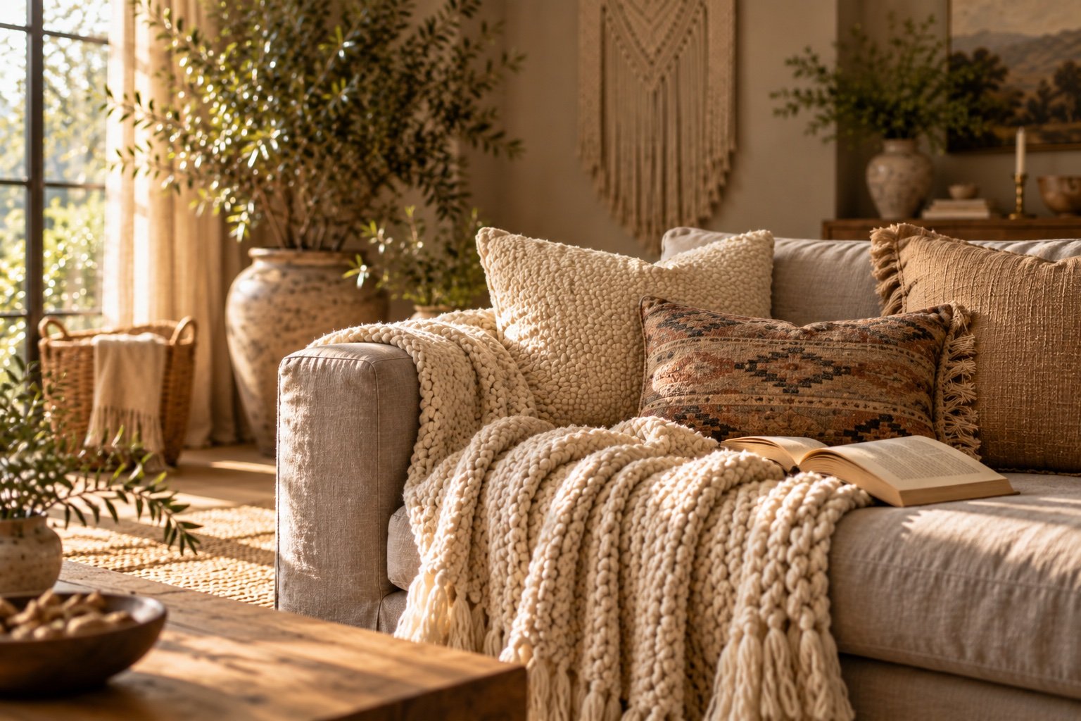 Chunky cream knit throw over a gray linen sofa arm with a stack of textured boho cushions