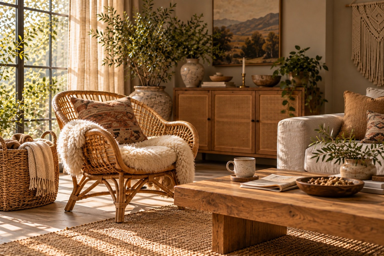 Rattan accent chair and warm oak coffee table glowing against a gray boho living room base