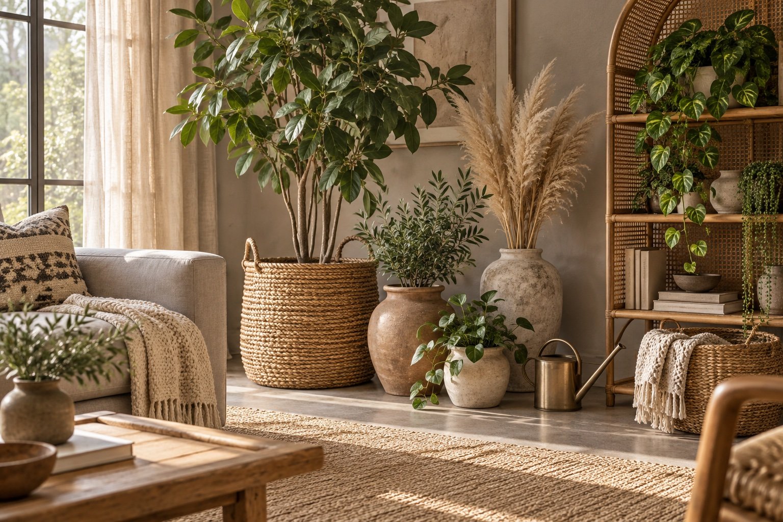 Plant filled gray boho living room corner with a tall floor plant, trailing pothos and dried pampas grass