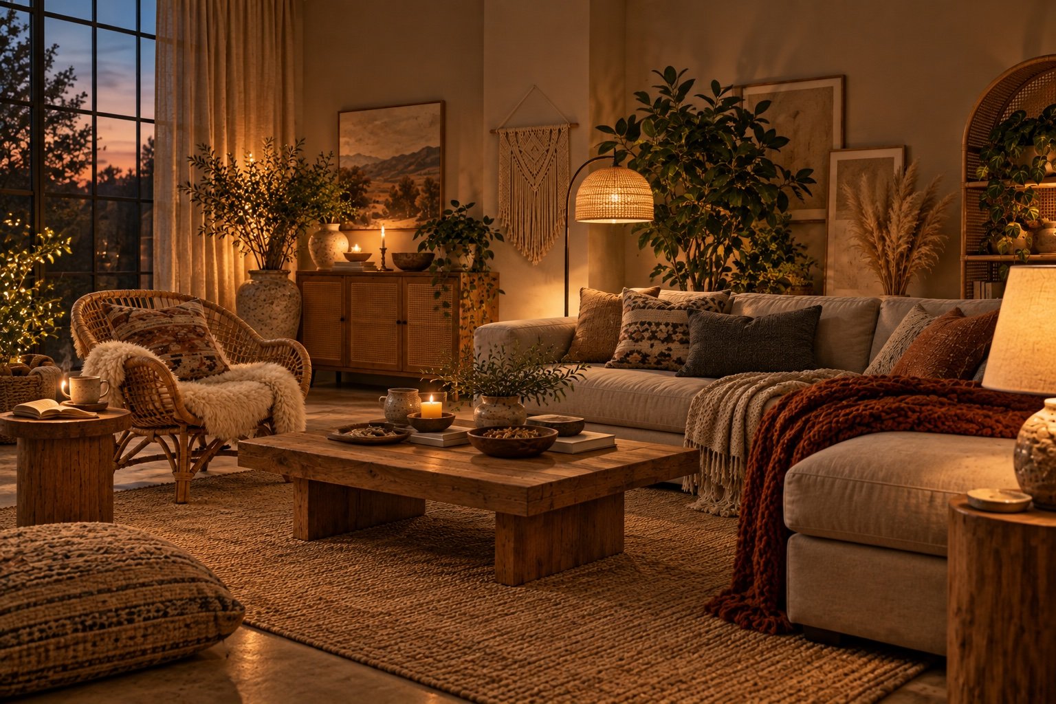 Gray boho living room at dusk with warm lamplight, a charcoal cushion and a rust throw for moody contrast