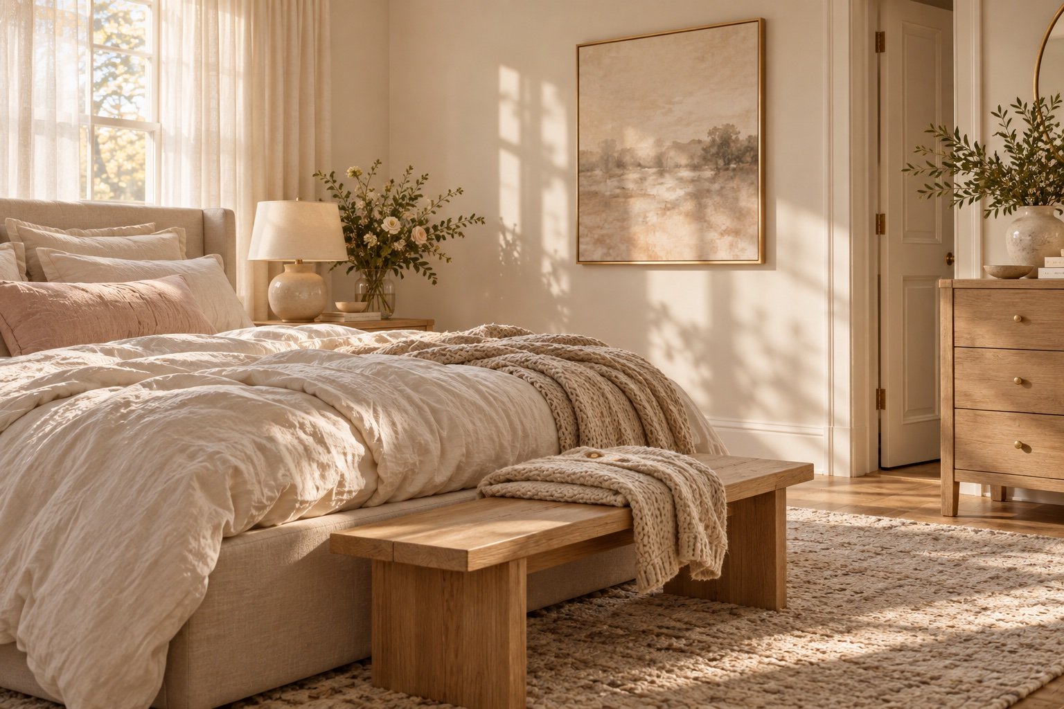 Bedroom corner in a soft pale palette with warm white walls, ivory and oatmeal bedding and a light oak bench
