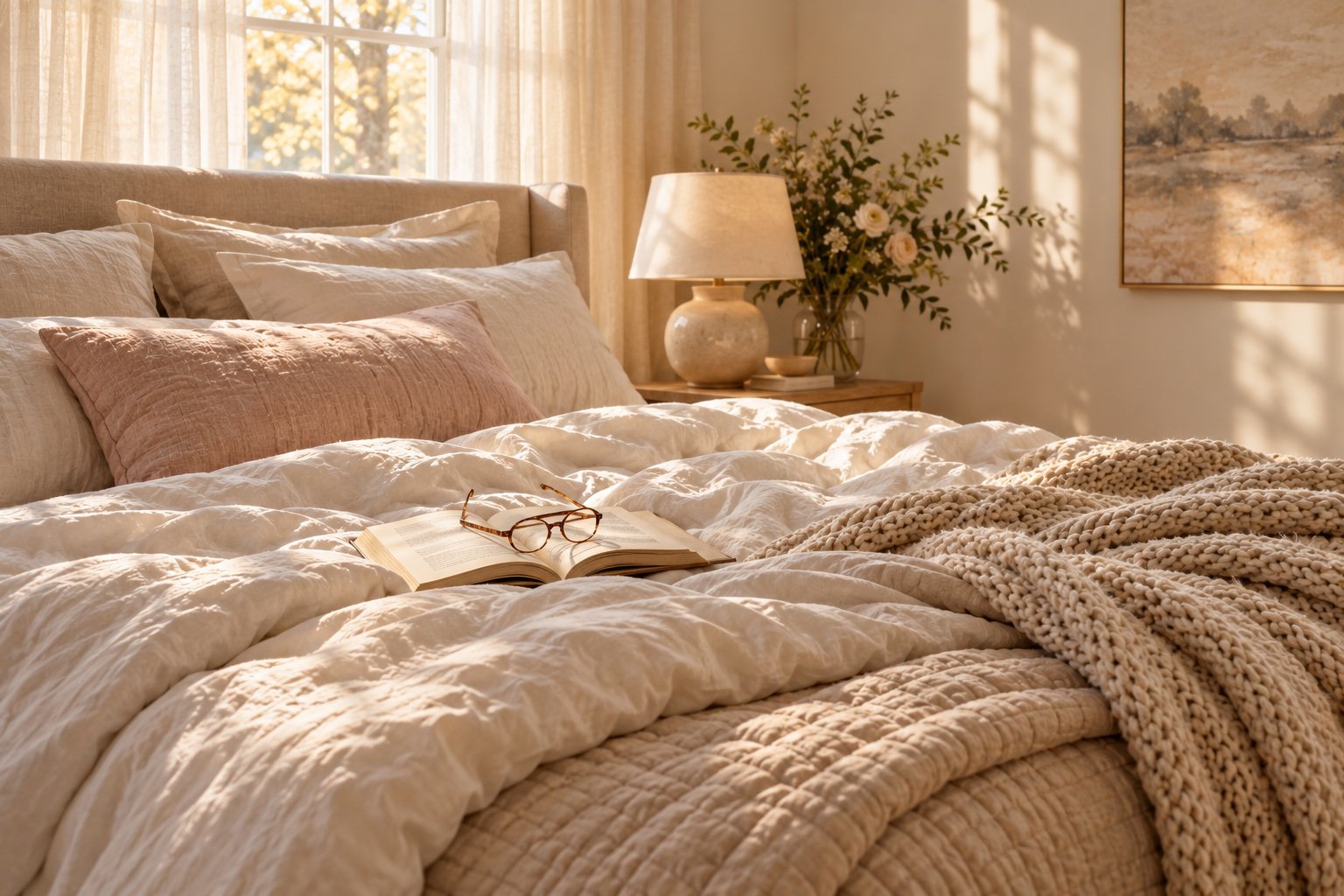Bed layered like a cloud with a fluffy white duvet, rumpled linen sheets, soft pillows and a chunky knit throw