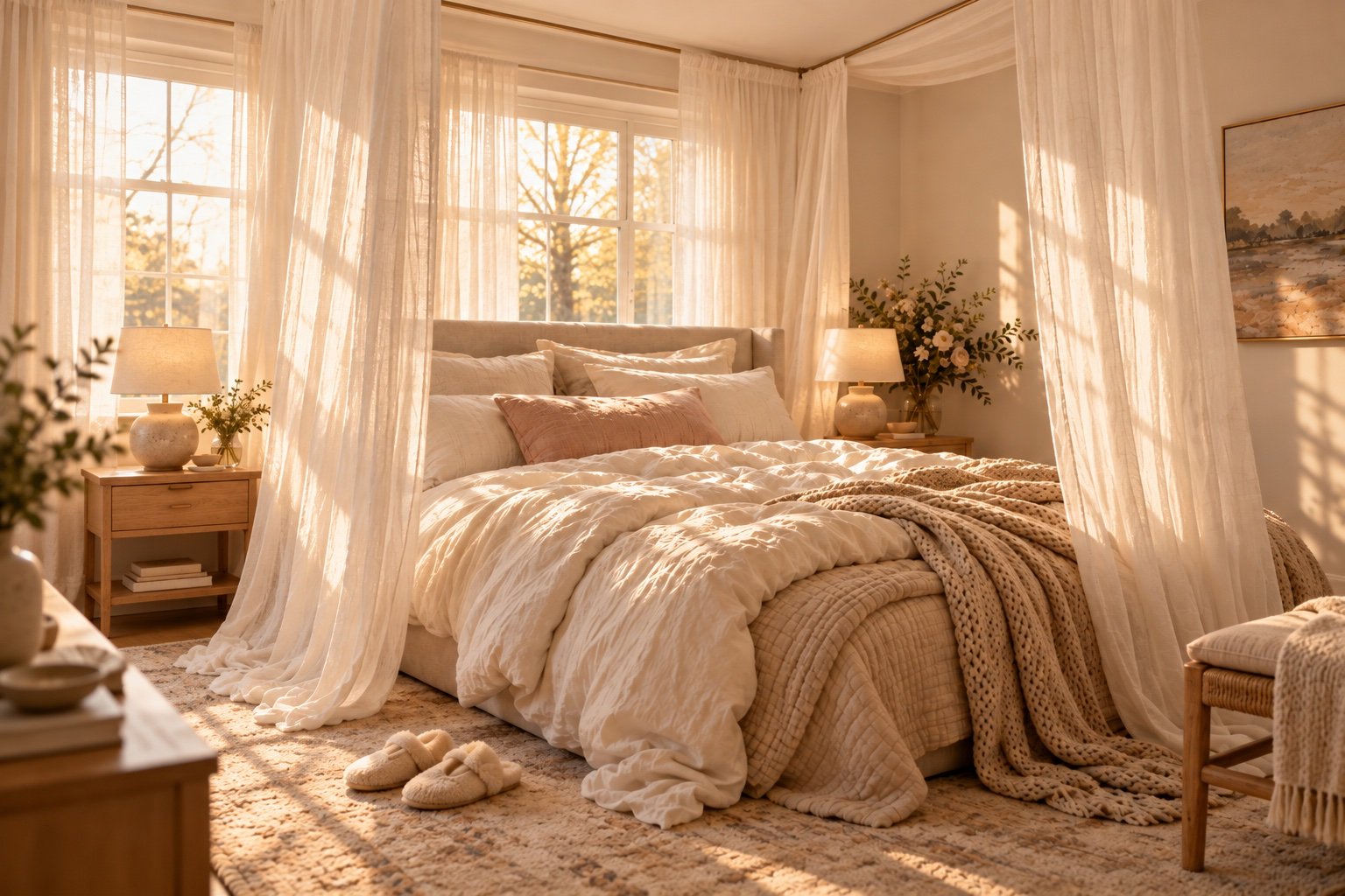Bed with a sheer white linen canopy draped from a ceiling rail and ivory bedding