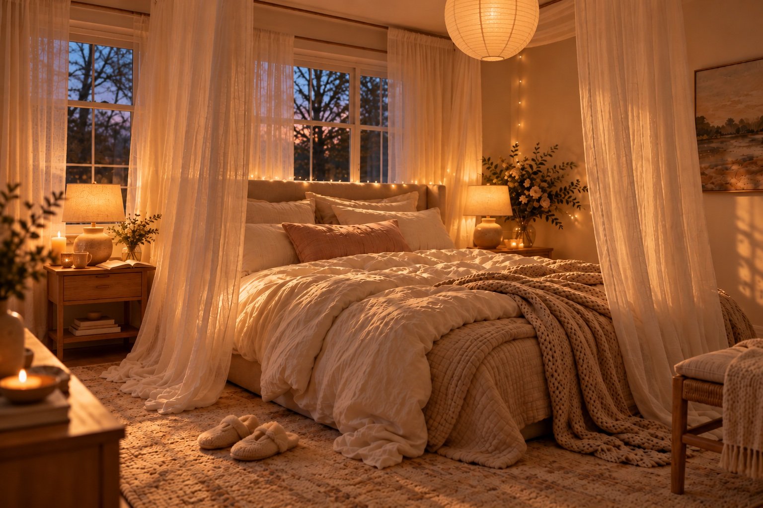 Dreamy bedroom at dusk lit by a ceramic bedside lamp, a paper lantern and warm fairy lights