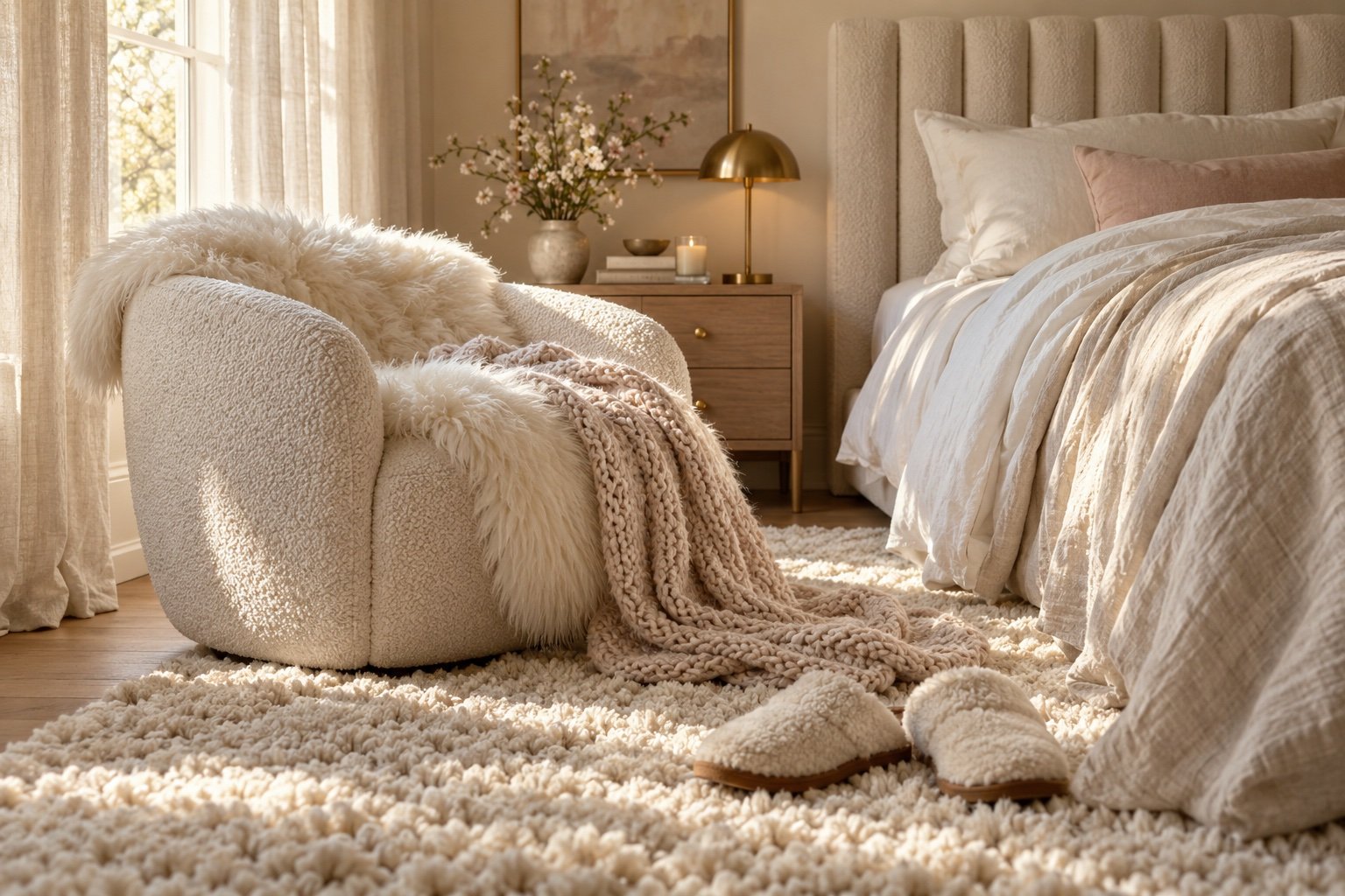 Soft bedroom textures with a boucle headboard, a plush cream wool rug and a sheepskin on an accent chair