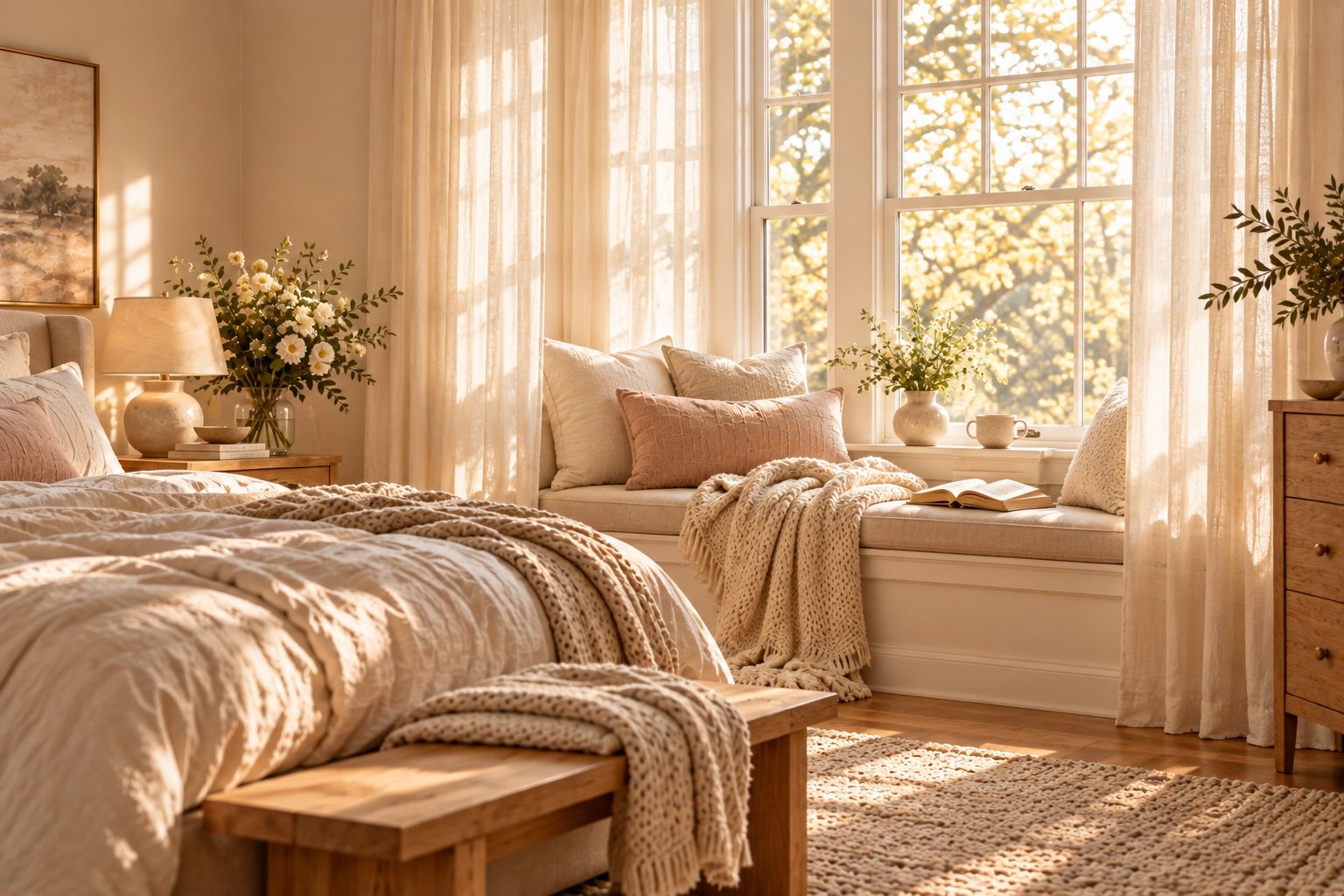 Cushioned bedroom window seat with ivory pillows, a knit throw, books and a cup of tea