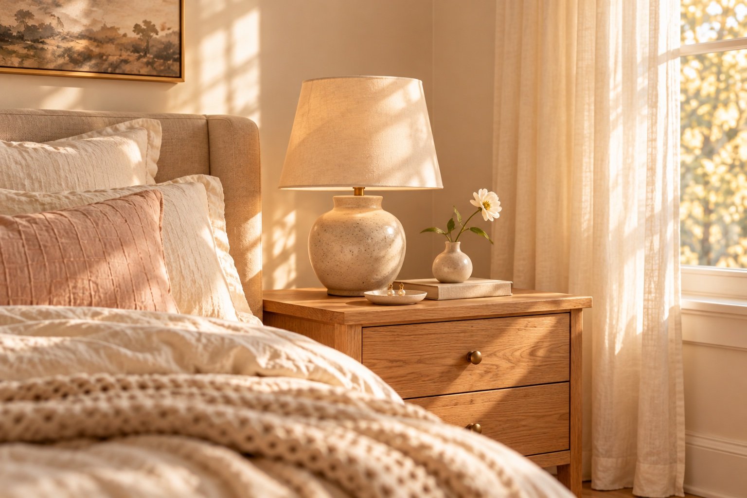 Clutter-free oak nightstand with a ceramic lamp, a bud vase and a single book beside an ivory linen bed