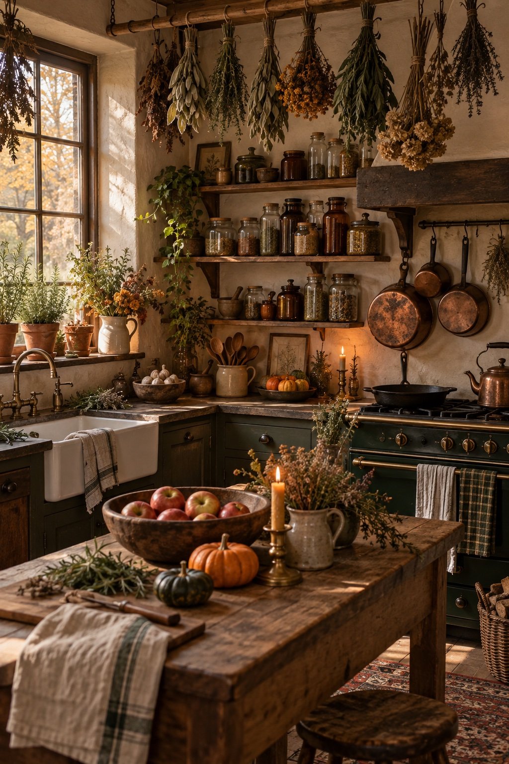 A cozy farmhouse kitchen with hanging dried herbs, apothecary jars, copper pots, beeswax candles and small pumpkins