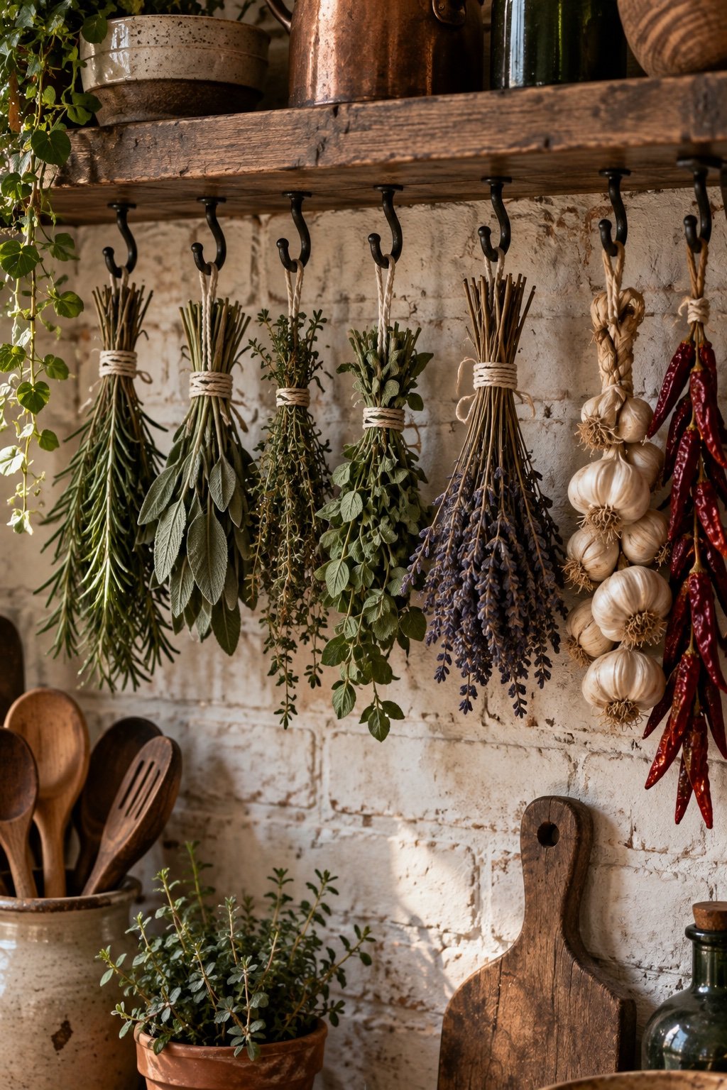 Bundles of rosemary, sage, thyme and lavender hanging upside down from cup hooks beside a garlic braid