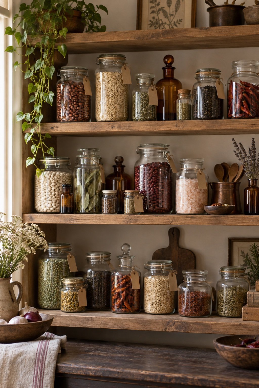 Open kitchen shelves of mismatched glass and amber jars with handwritten tags, grouped by color