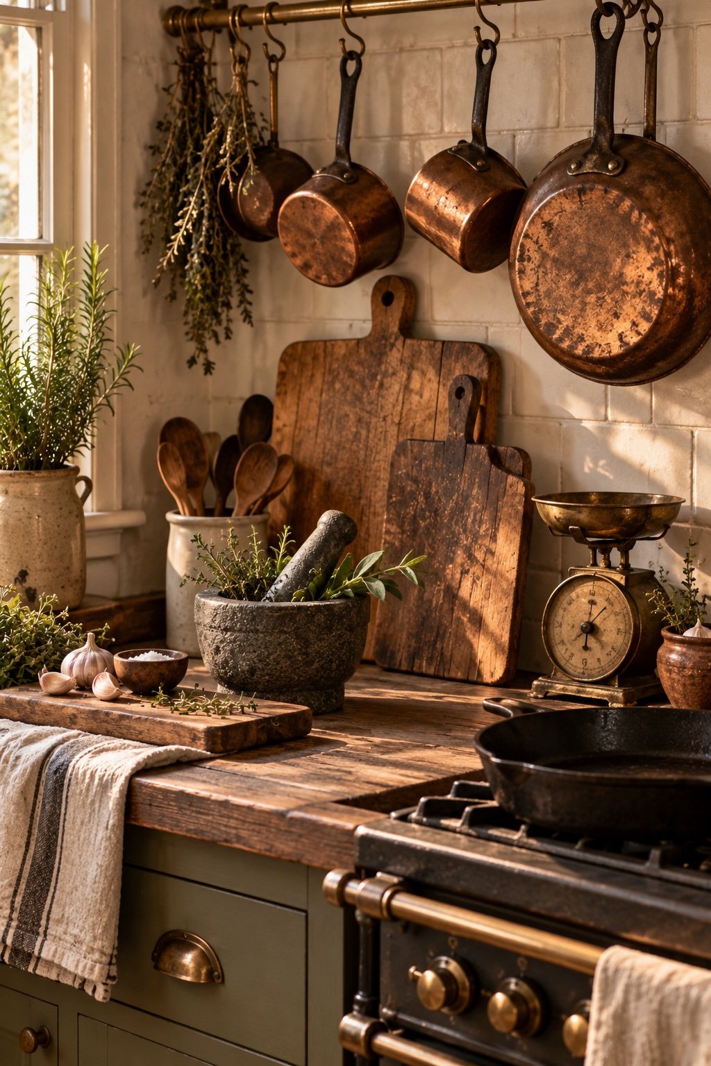 Worn cutting boards, a stone mortar and pestle, cast iron and patinated copper pots in a farmhouse kitchen