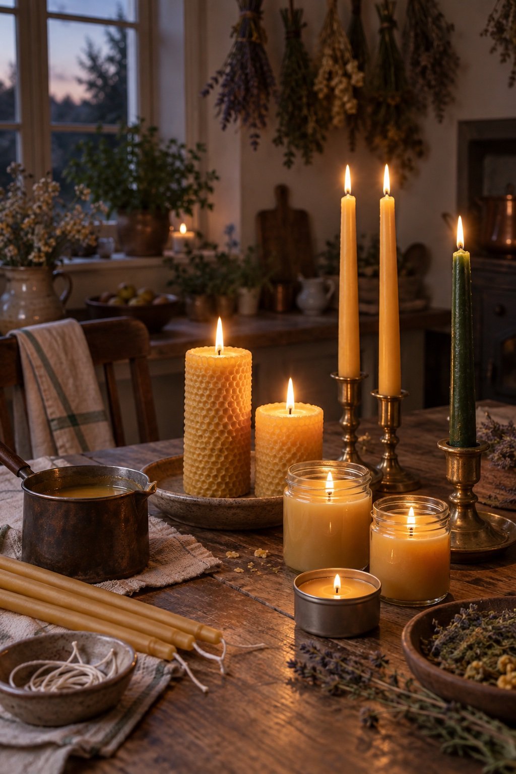 Homemade beeswax pillars, honey tapers and jam jar candles on a wooden kitchen table