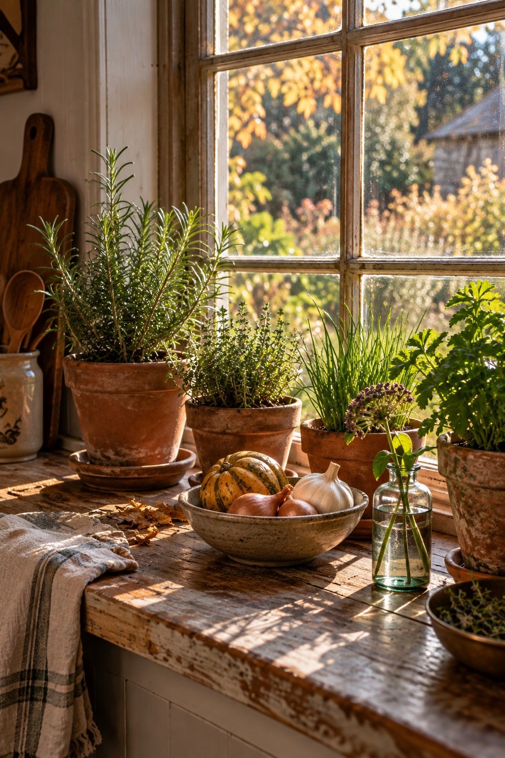 A kitchen windowsill with terracotta pots of rosemary, thyme and chives and a small bowl of garlic and gourds