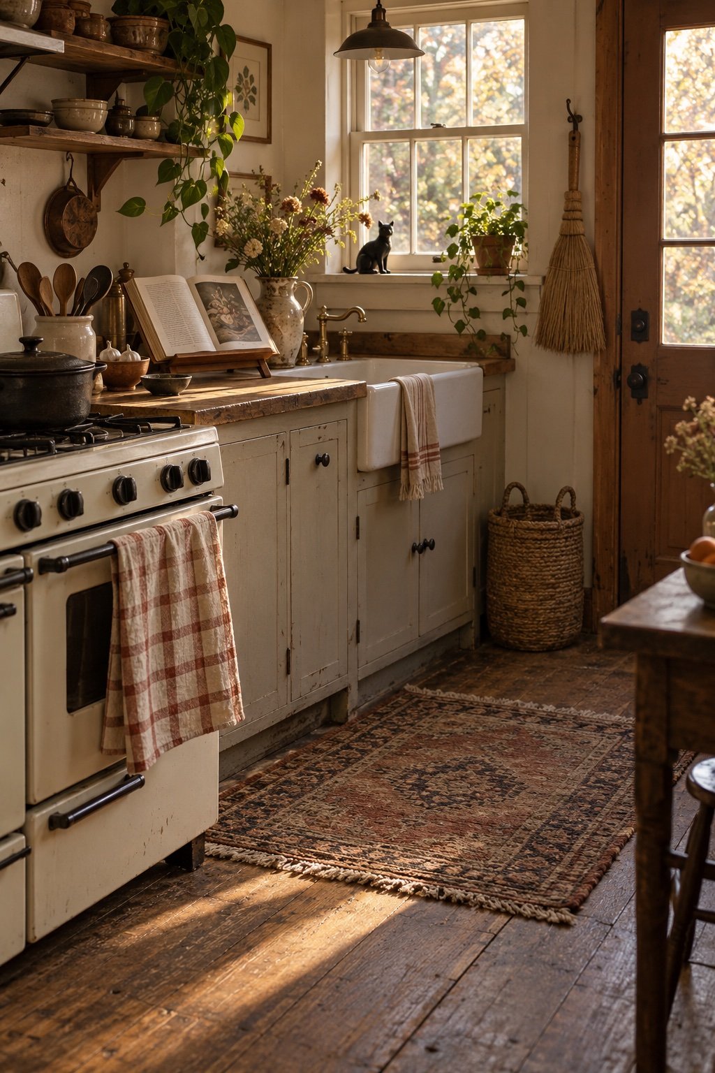 An old range with a linen tea towel, a vintage rug by the sink, an open cookbook and a hearth broom by the door