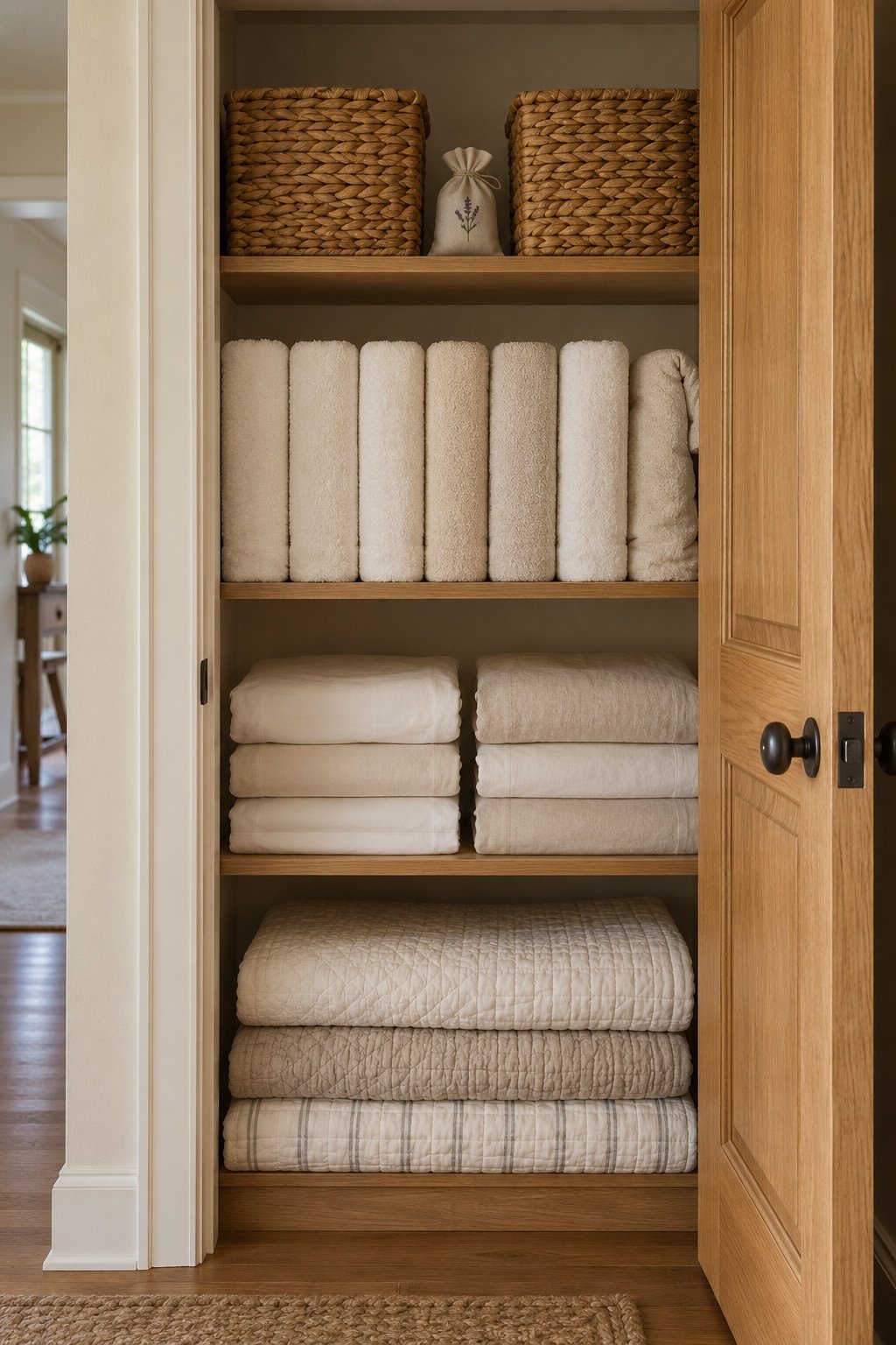 Finished linen closet with towels filed on end, sheet sets folded into pillowcases, woven baskets and a lavender sachet on the top shelf