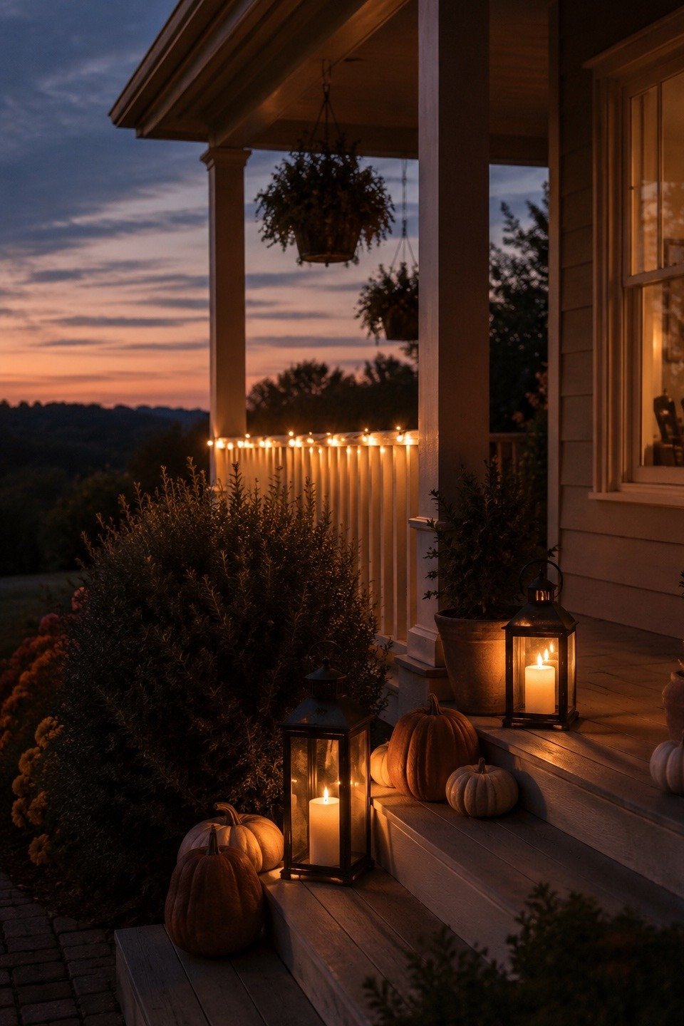 Front porch at dusk with glowing lanterns and warm string lights along the railing