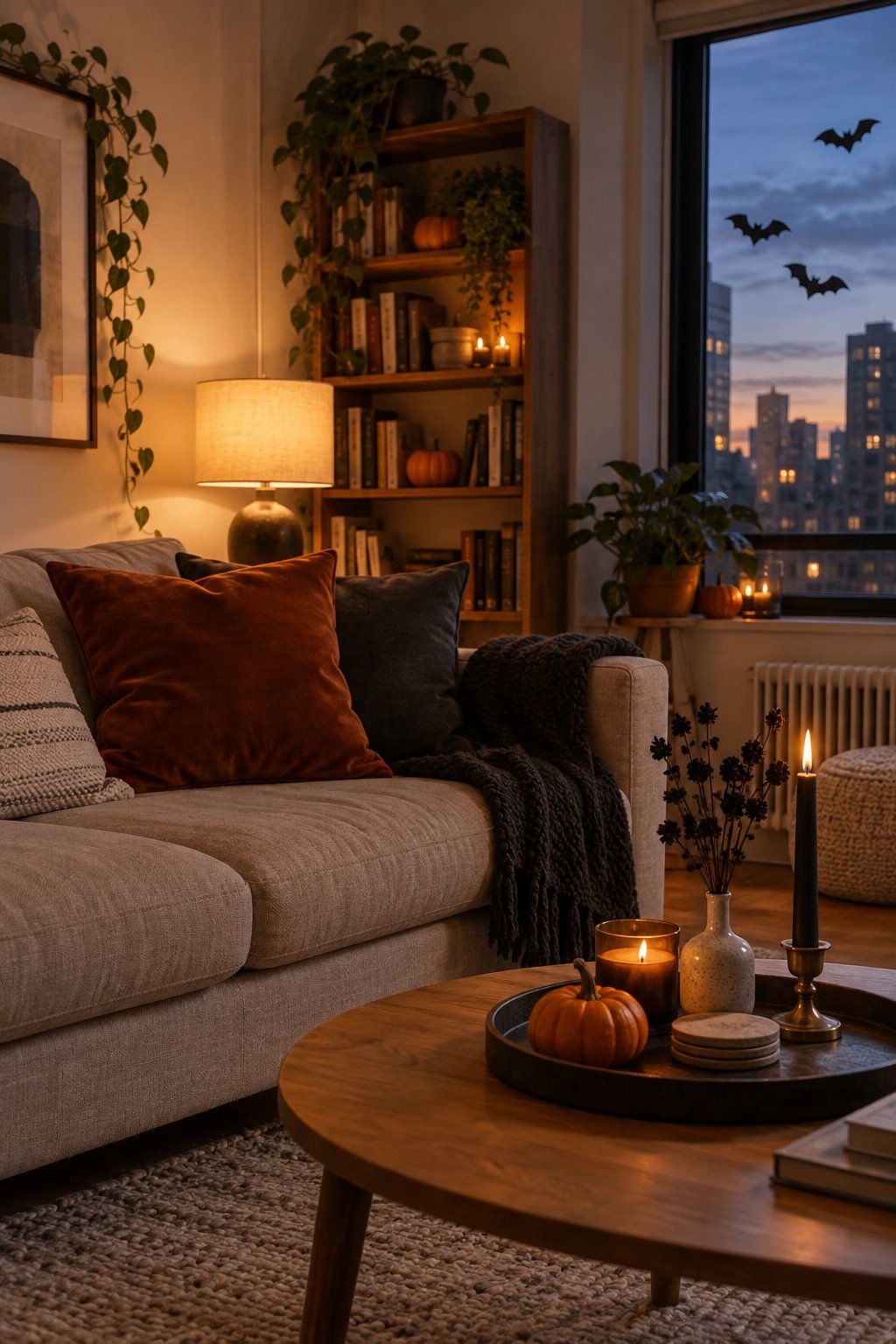 A small apartment living room lightly decorated for Halloween with rust pillows, paper bats on the window and a candle tray