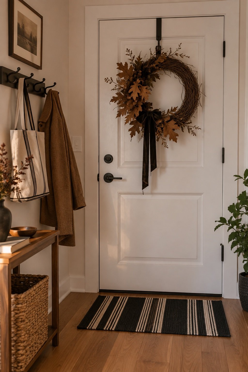 An over-the-door hook holding a dark grapevine wreath on the inside of an apartment front door