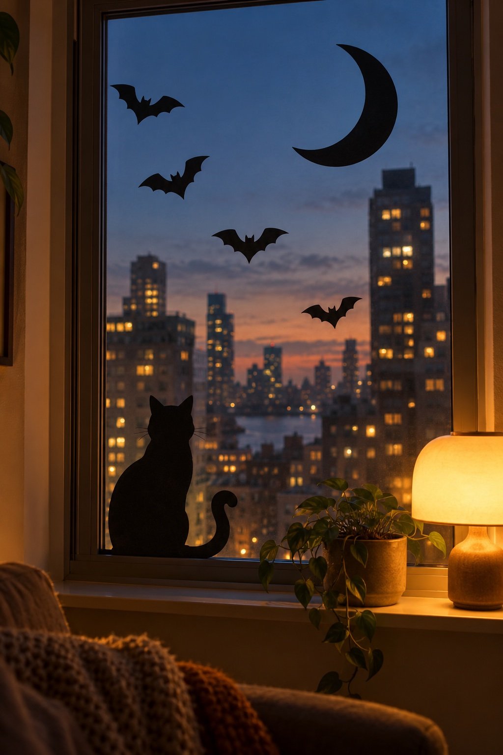 Black paper bat, cat and moon silhouettes on an apartment window at dusk, backlit by a lamp