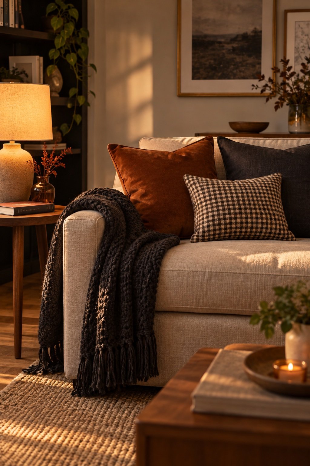 A compact sofa with rust velvet, charcoal linen and check pillow covers and a dark knit throw