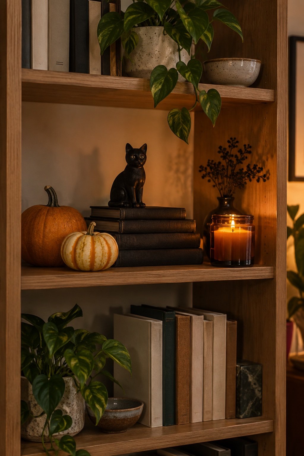 One bookcase shelf styled for Halloween with small pumpkins, dark books, a candle and a black cat figure