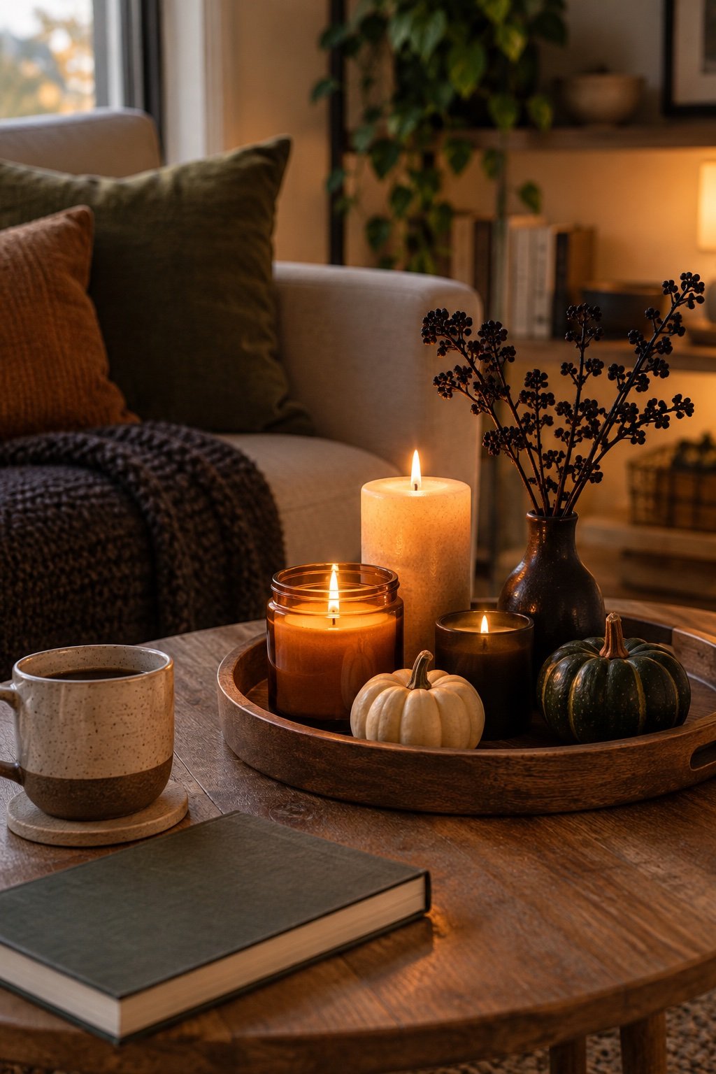 A wooden tray on a coffee table with candles, mini pumpkins and a bud vase of black dried stems